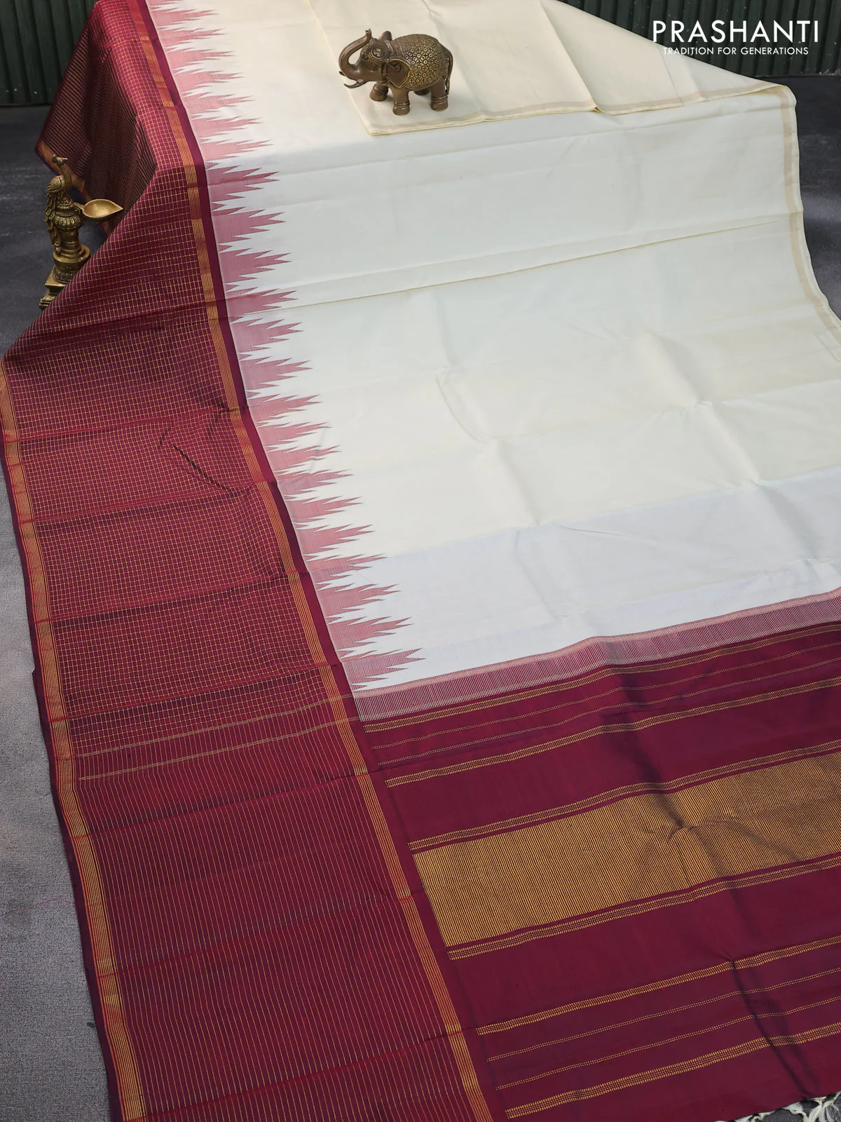 Pure kanchipuram silk saree cream and deep maroon with plain body and long temple design zari checked border - Image 2