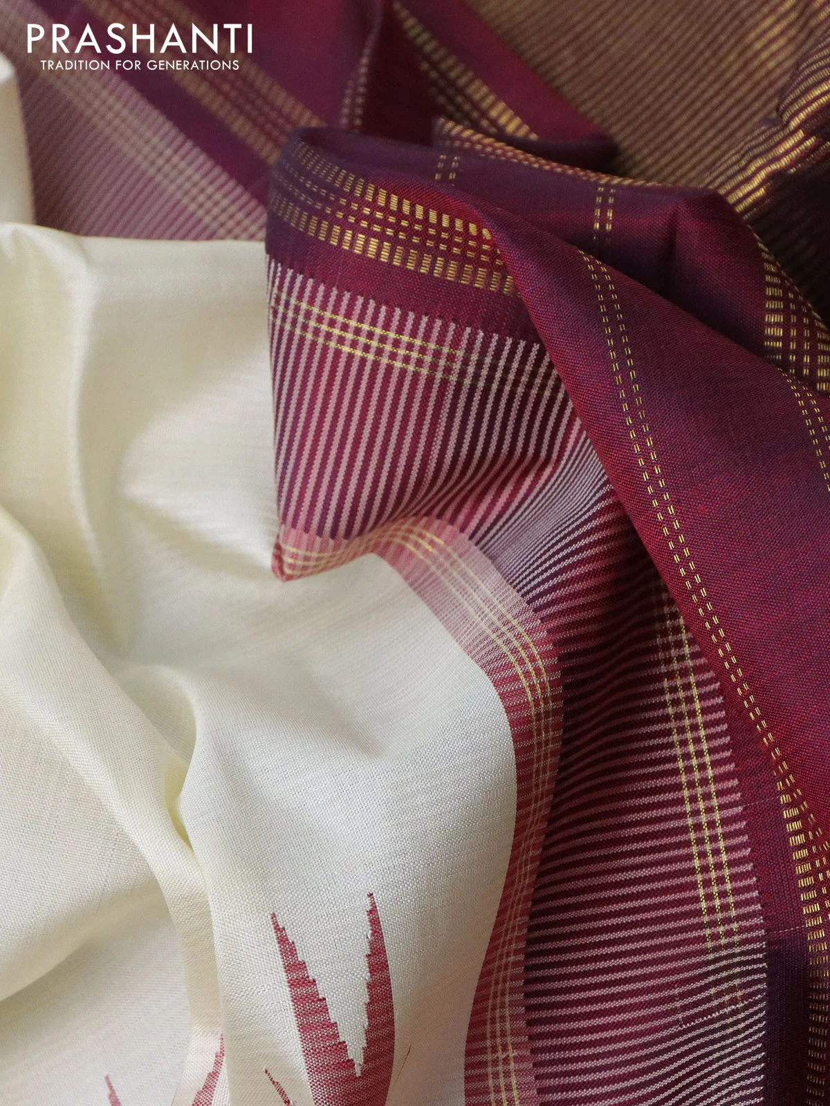 Pure kanchipuram silk saree cream and deep maroon with plain body and long temple design zari checked border - Image 3