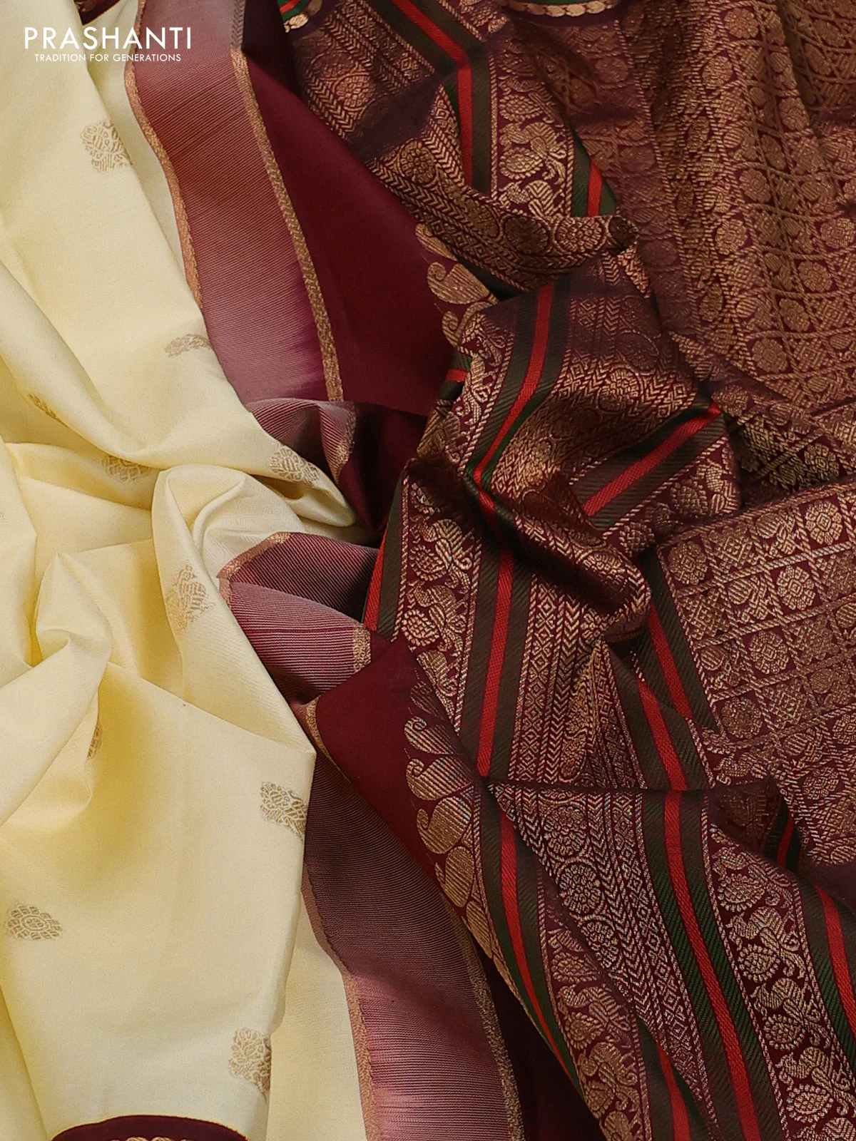 Pure kanchipuram silk saree cream and deep maroon with zari woven buttas and rich zari woven korvai border - Image 3