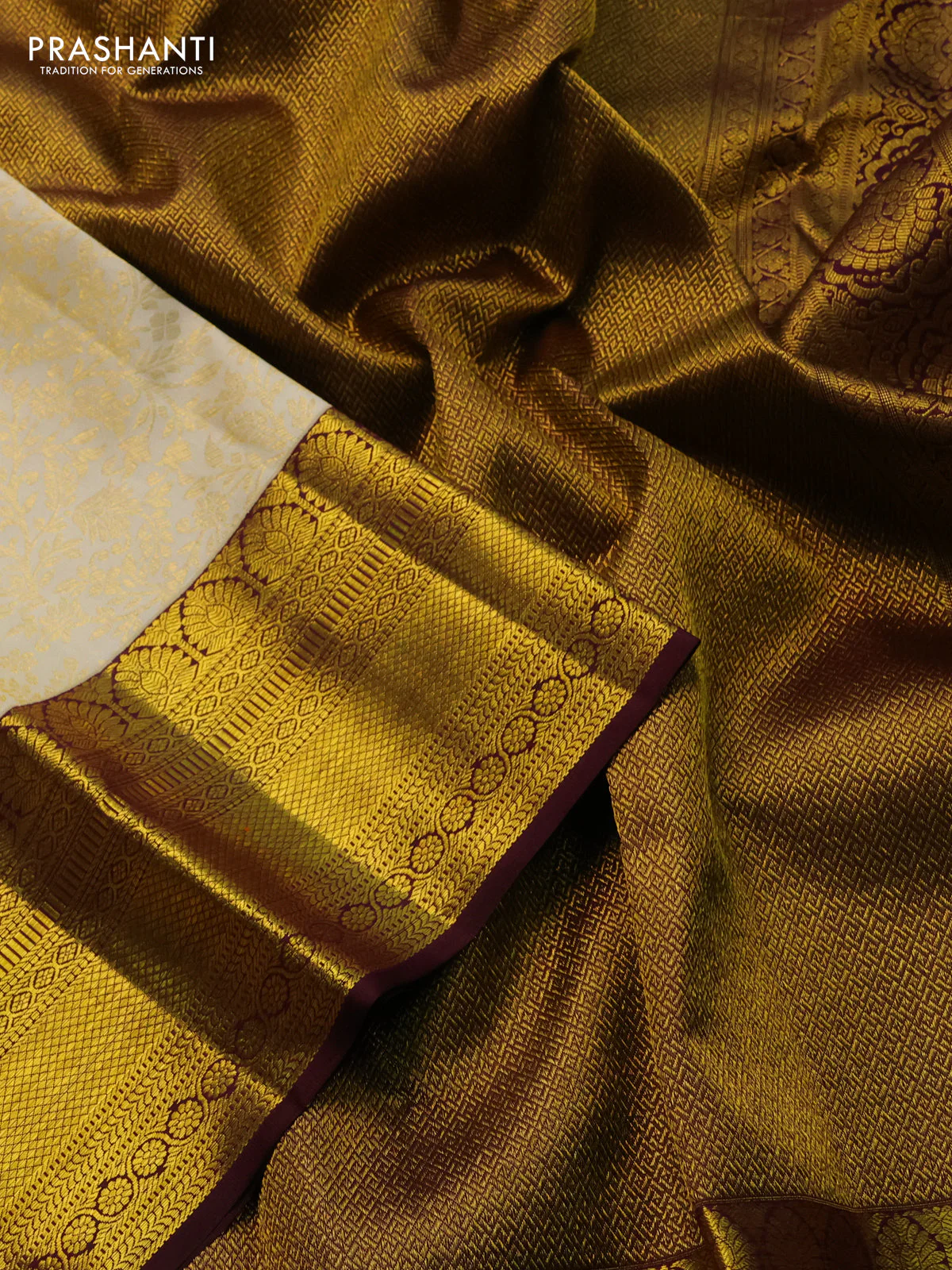 Pure kanchipuram silk saree cream and deep wine shade with allover zari woven brocade weaves and zari woven border - Image 3