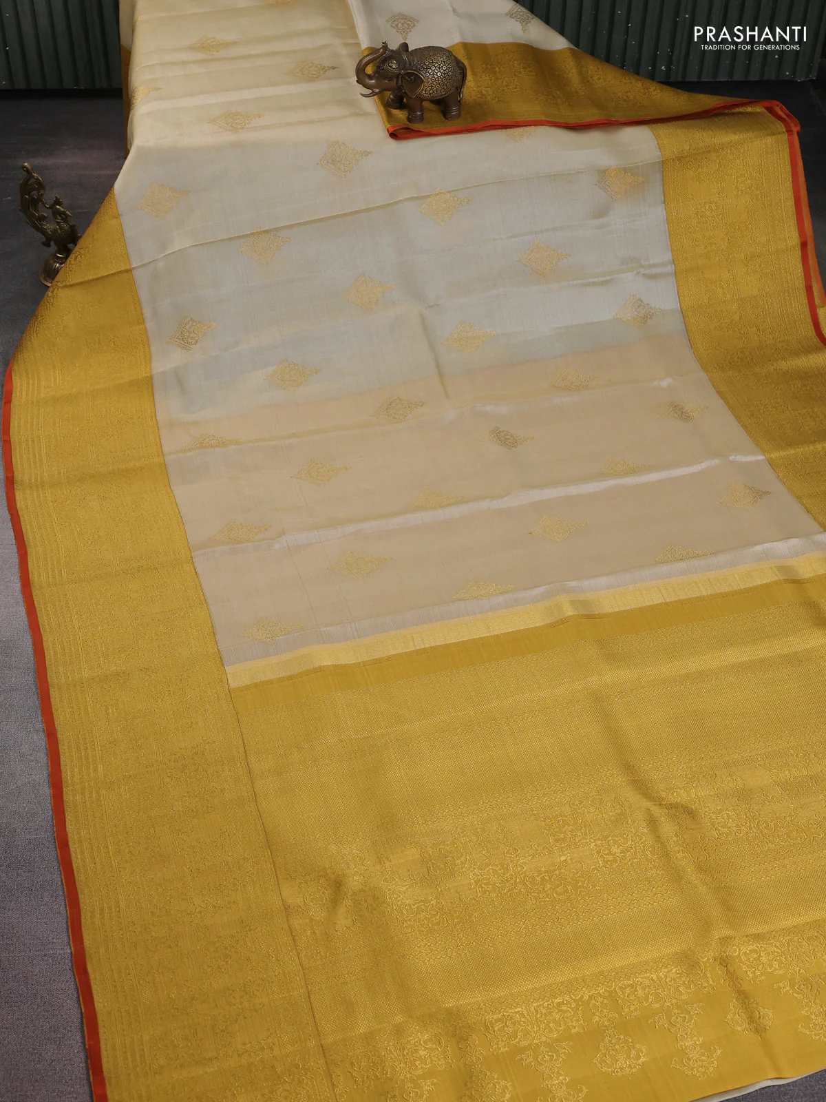 Pure kanchipuram silk saree cream and mustard yellow with zari woven buttas and long zari woven border - Image 2
