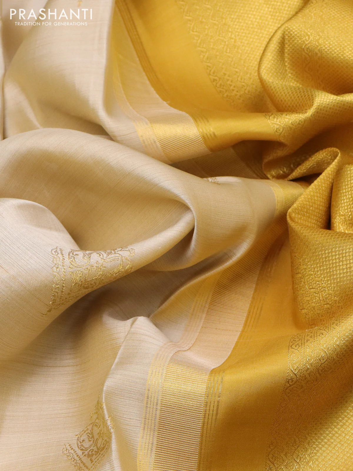 Pure kanchipuram silk saree cream and mustard yellow with zari woven buttas and long zari woven border - Image 3