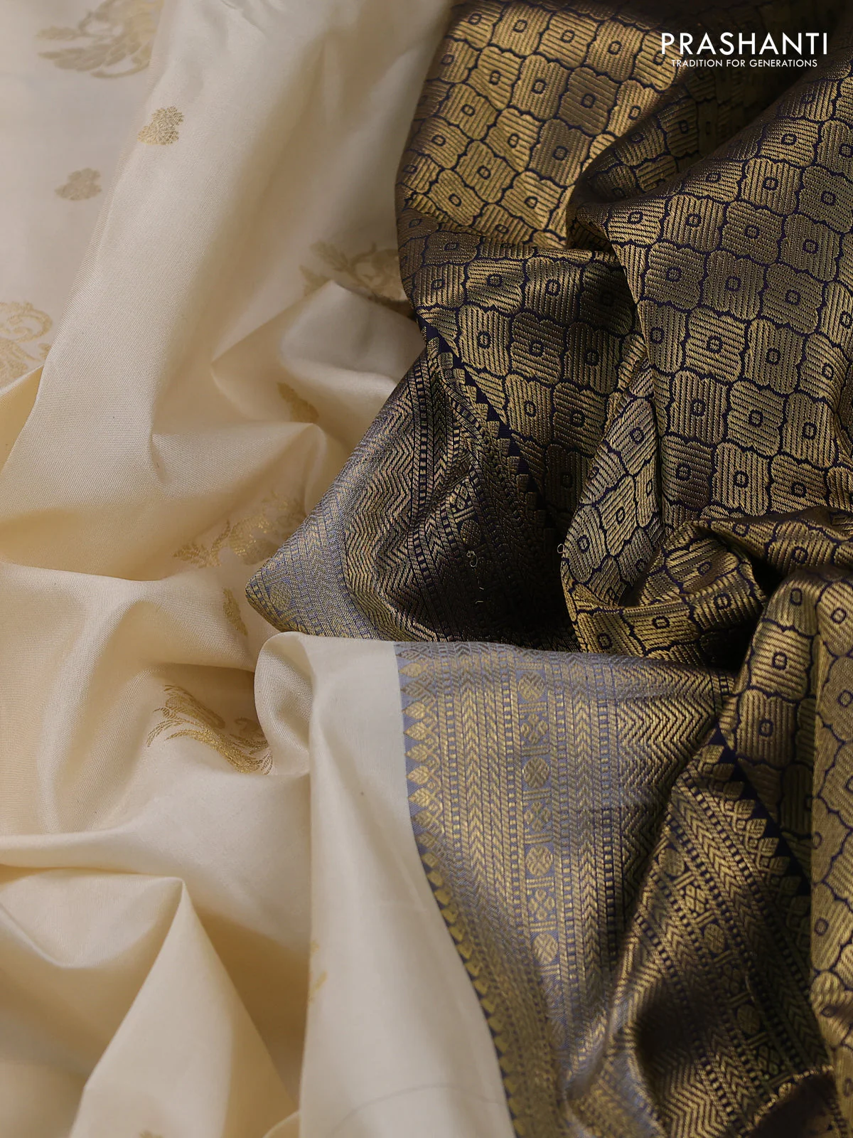 Pure kanchipuram silk saree cream and navy blue with zari woven buttas and rich zari woven korvai border - Image 3