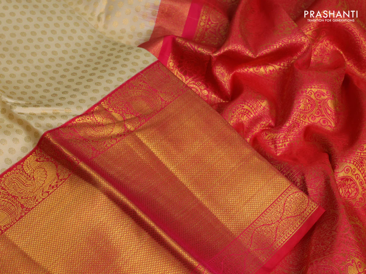 Pure kanchipuram silk saree cream and pink with allover zari woven 1000 butta weaves and zari woven border - Image 3