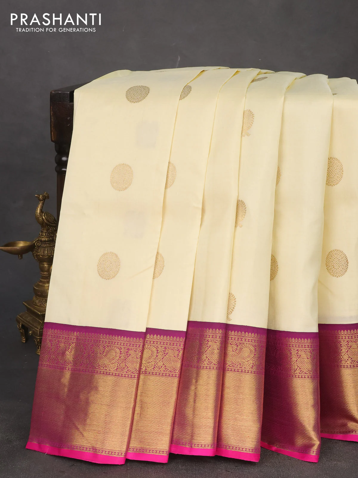 Pure kanchipuram silk saree cream and purple with annam & rudhraksha zari woven buttas and rich zari woven border - Image 2