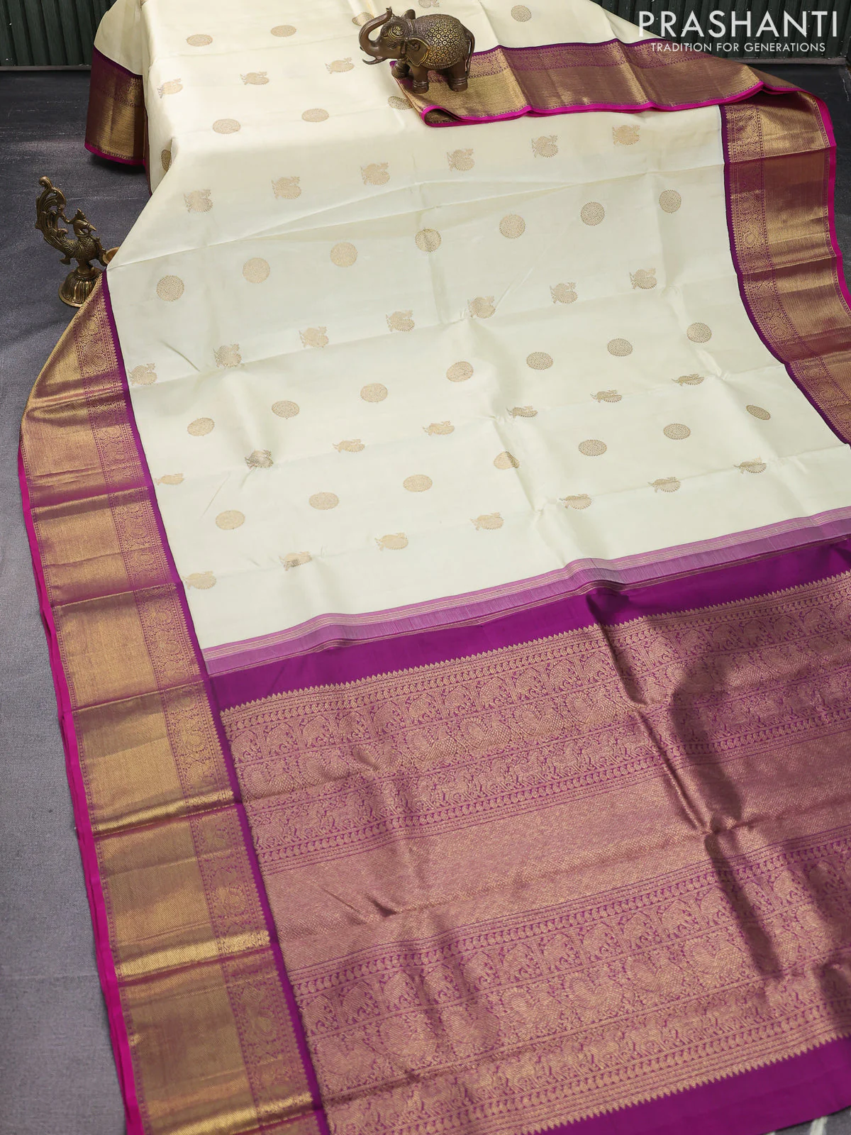 Pure kanchipuram silk saree cream and purple with annam & rudhraksha zari woven buttas and rich zari woven border - Image 3