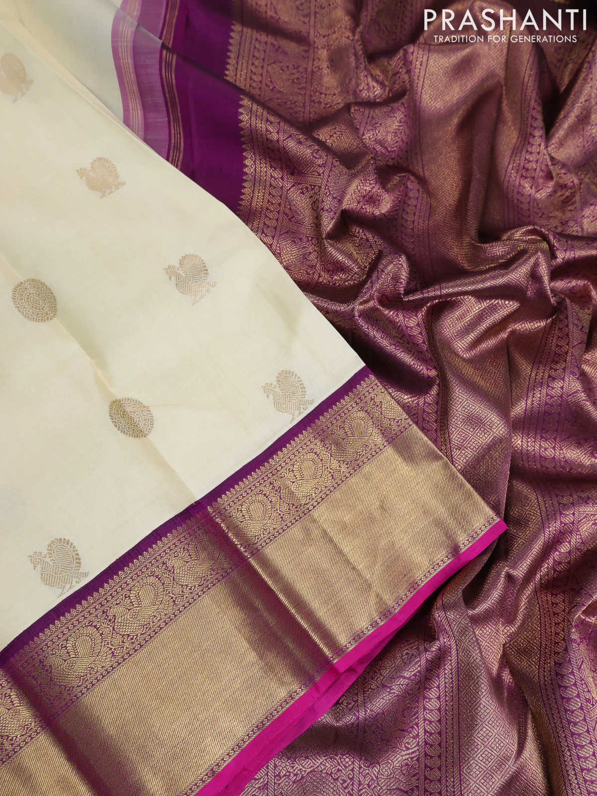Pure kanchipuram silk saree cream and purple with annam & rudhraksha zari woven buttas and rich zari woven border - Image 4