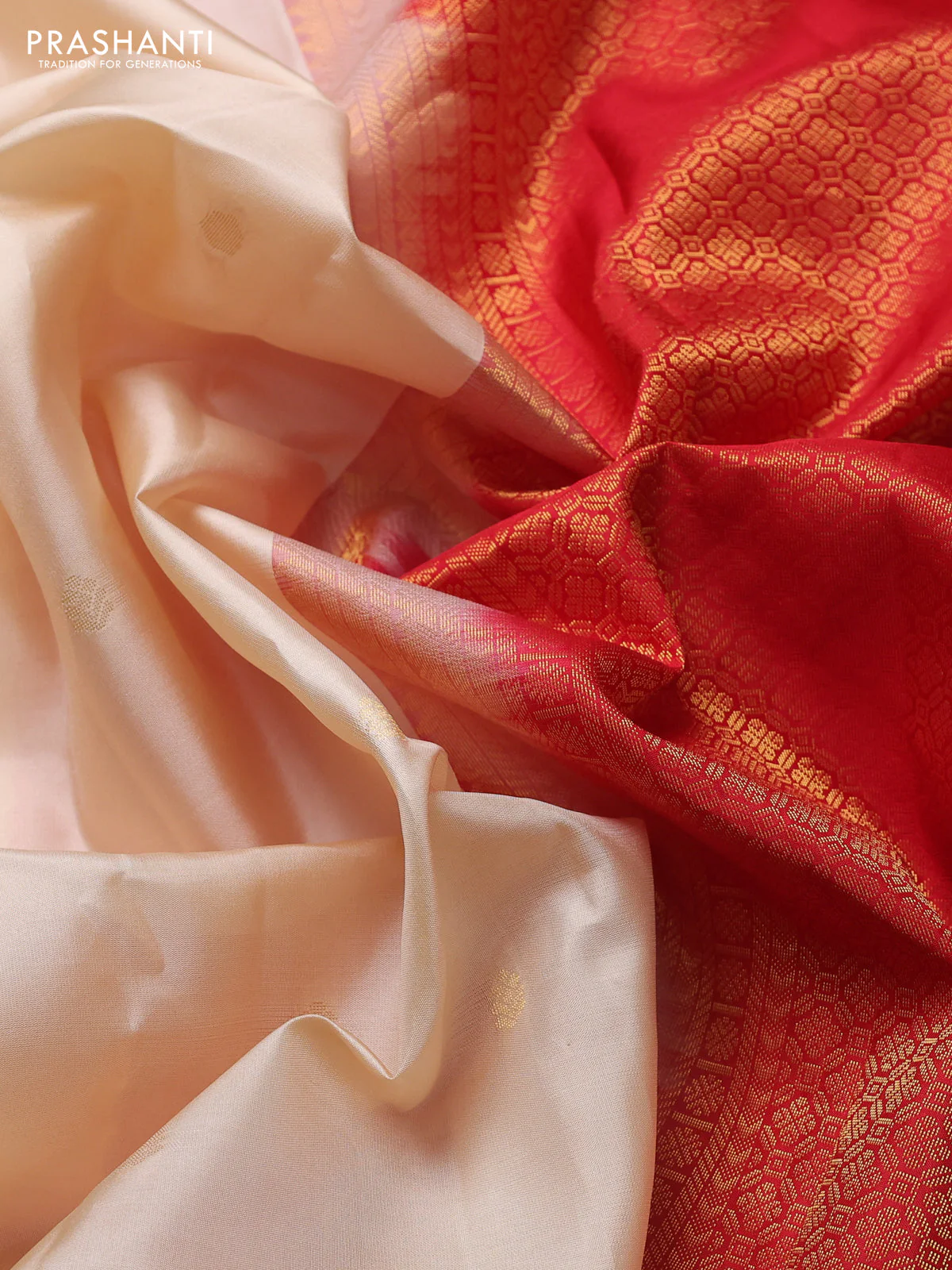 Pure kanchipuram silk saree cream and red with zari woven buttas and zari woven korvai border - Image 3