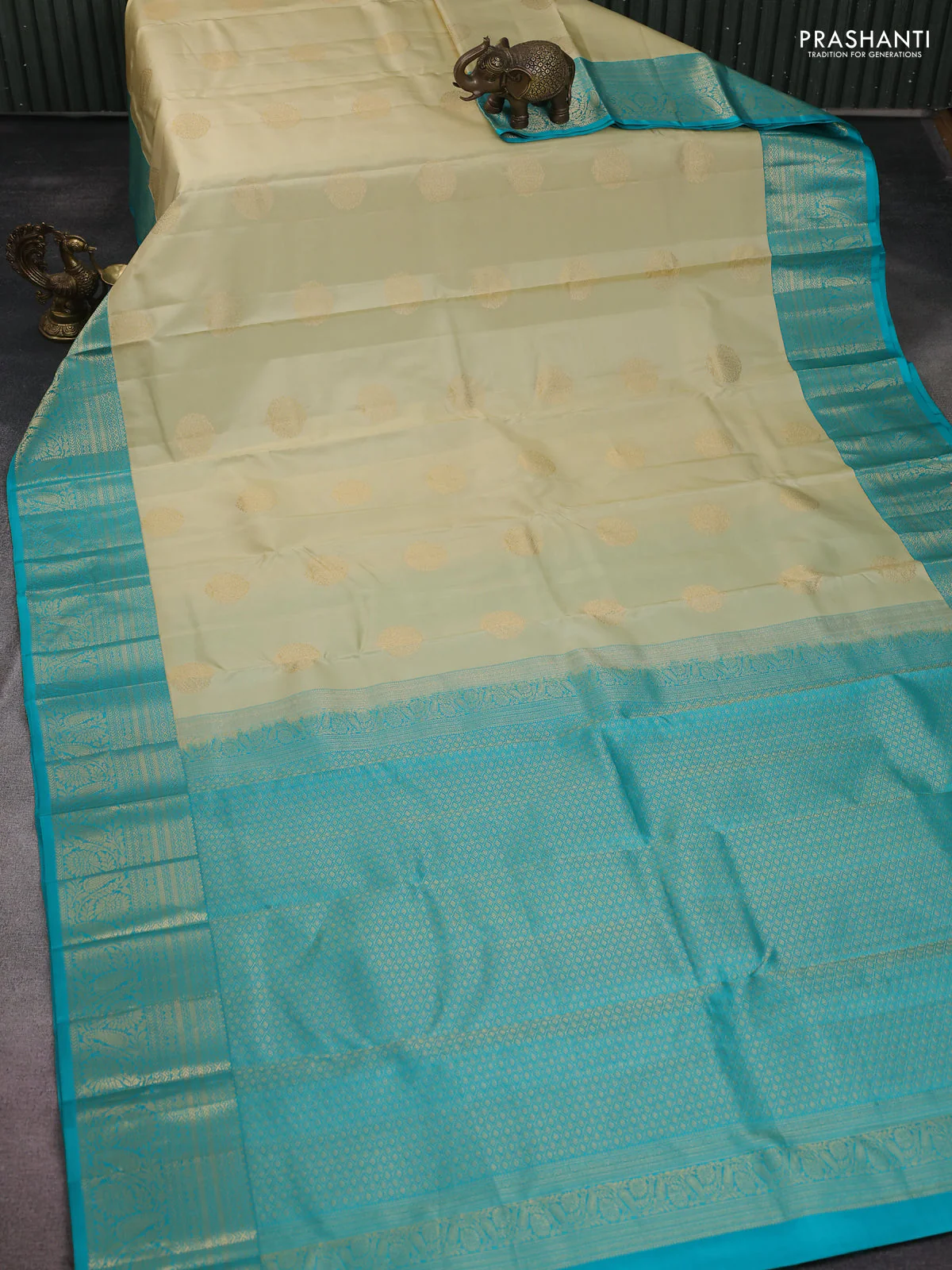 Pure kanchipuram silk saree cream and teal blue with zari woven buttas and zari woven korvai border - Image 2