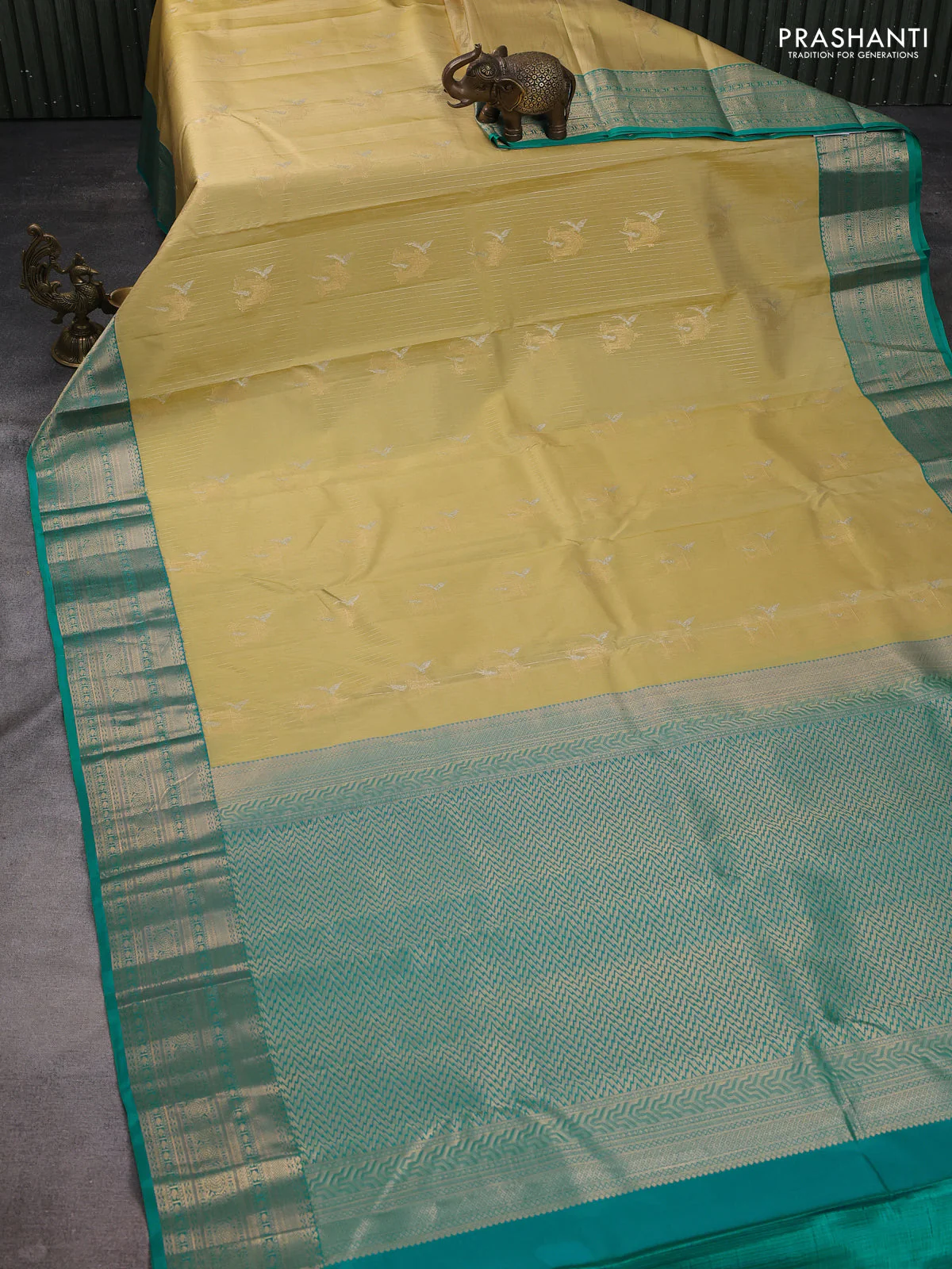 Pure kanchipuram silk saree cream and teal green with allover zari weaves & buttas and zari woven korvai border - Image 2