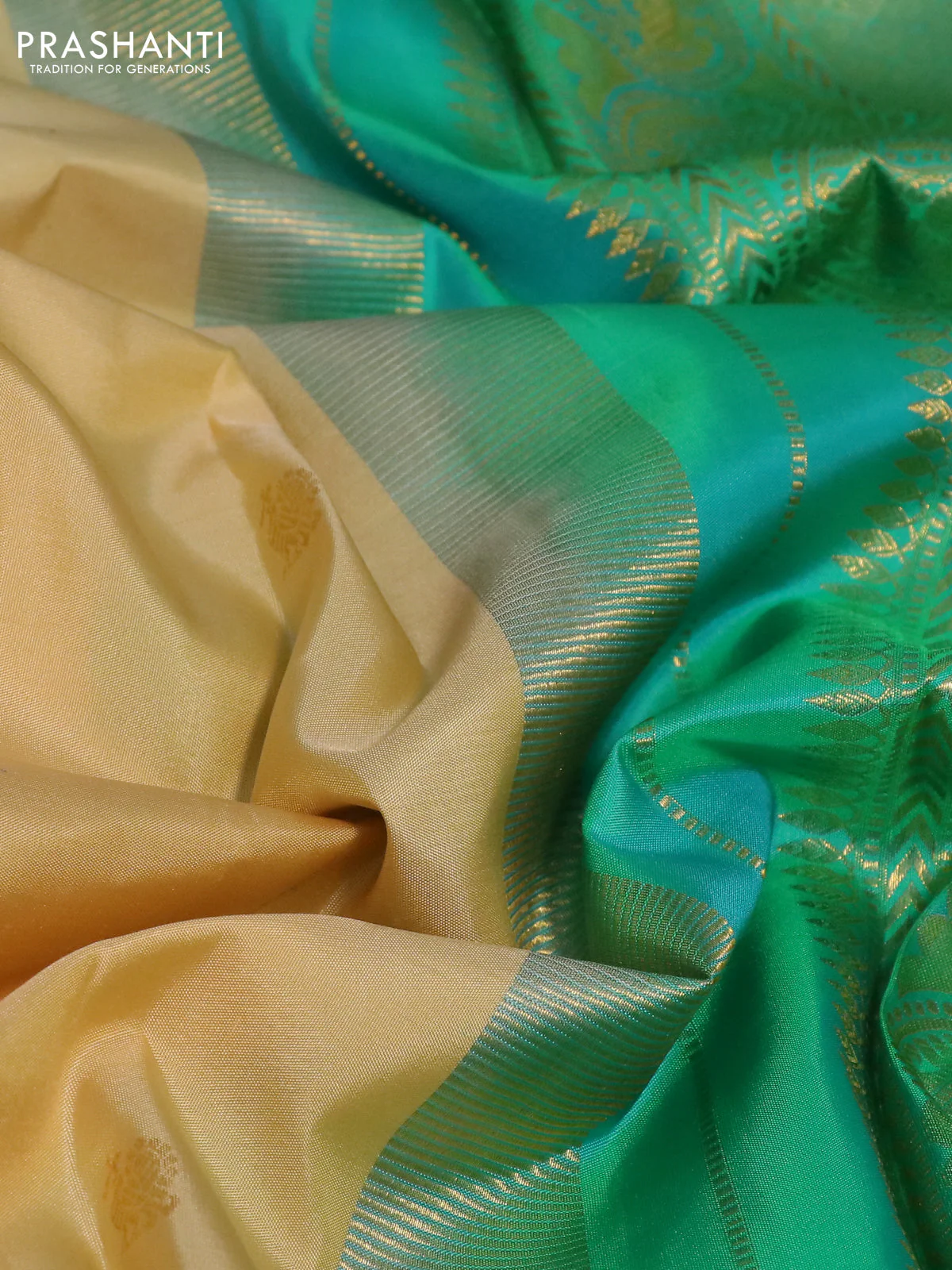 Pure kanchipuram silk saree cream with zari woven buttas and ganga jamuna border - Image 3