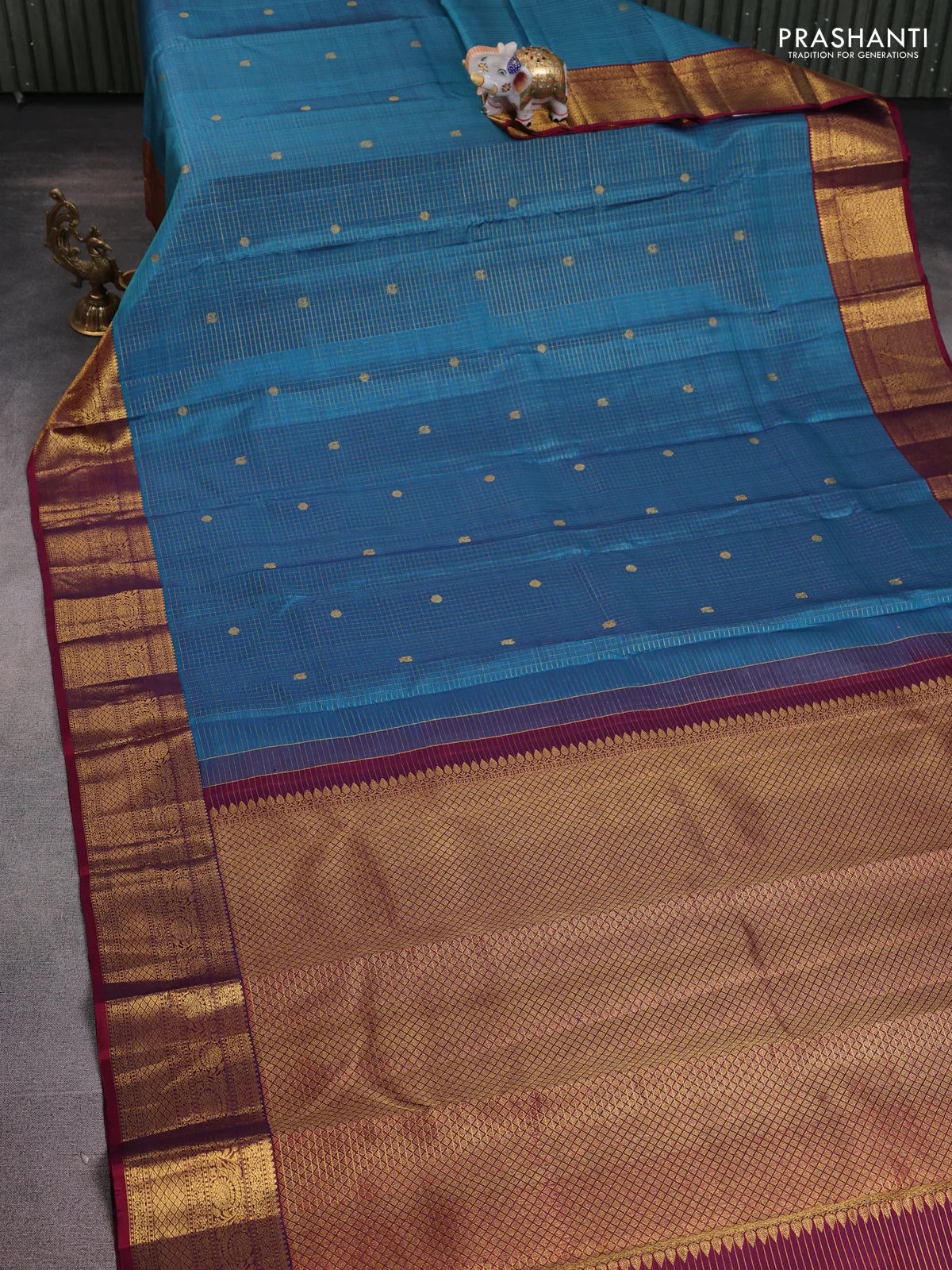Pure kanchipuram silk saree cs blue and maroon with allover zari checks & buttas and zari woven border - Image 2