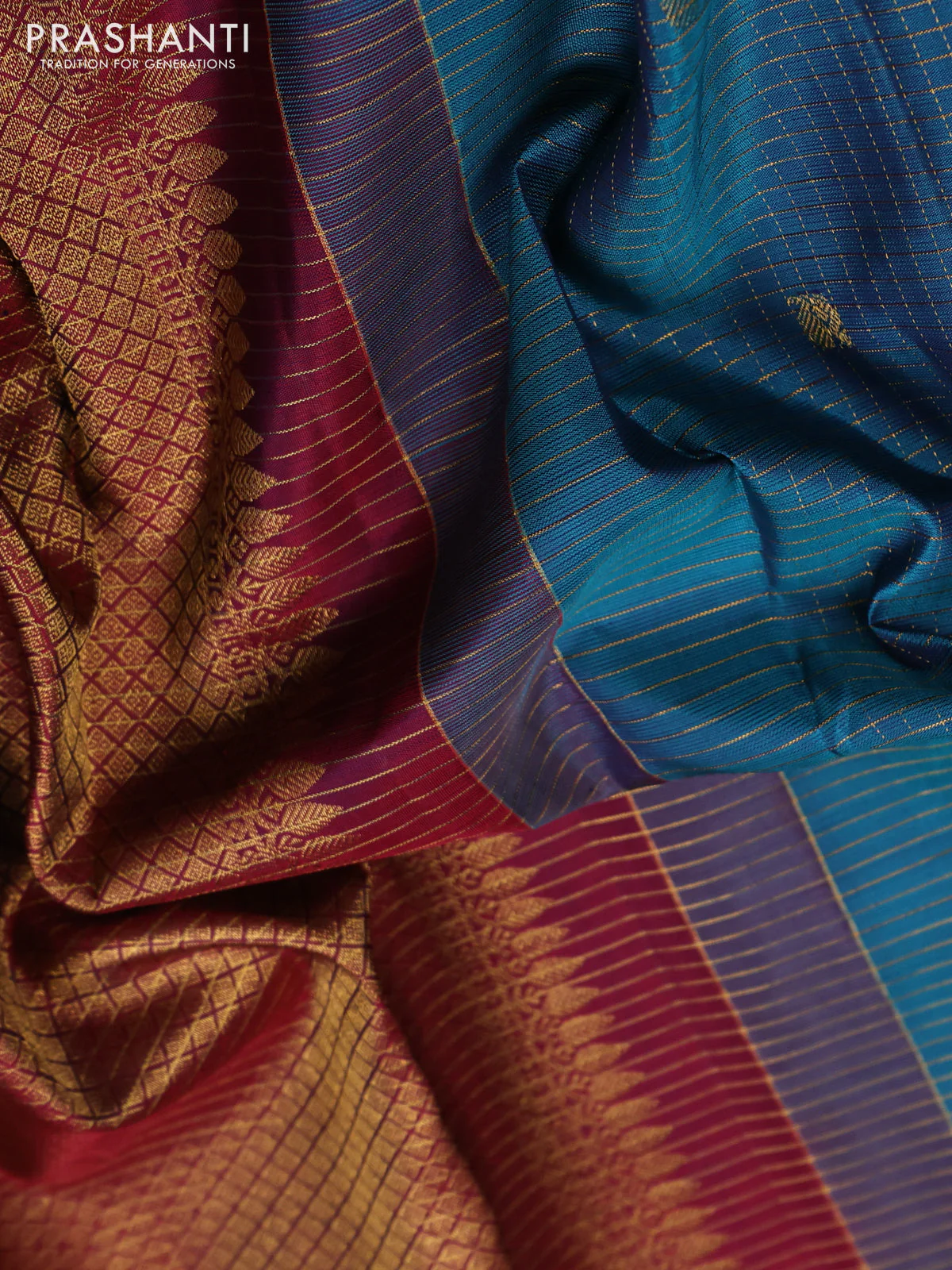 Pure kanchipuram silk saree cs blue and maroon with allover zari checks & buttas and zari woven border - Image 3