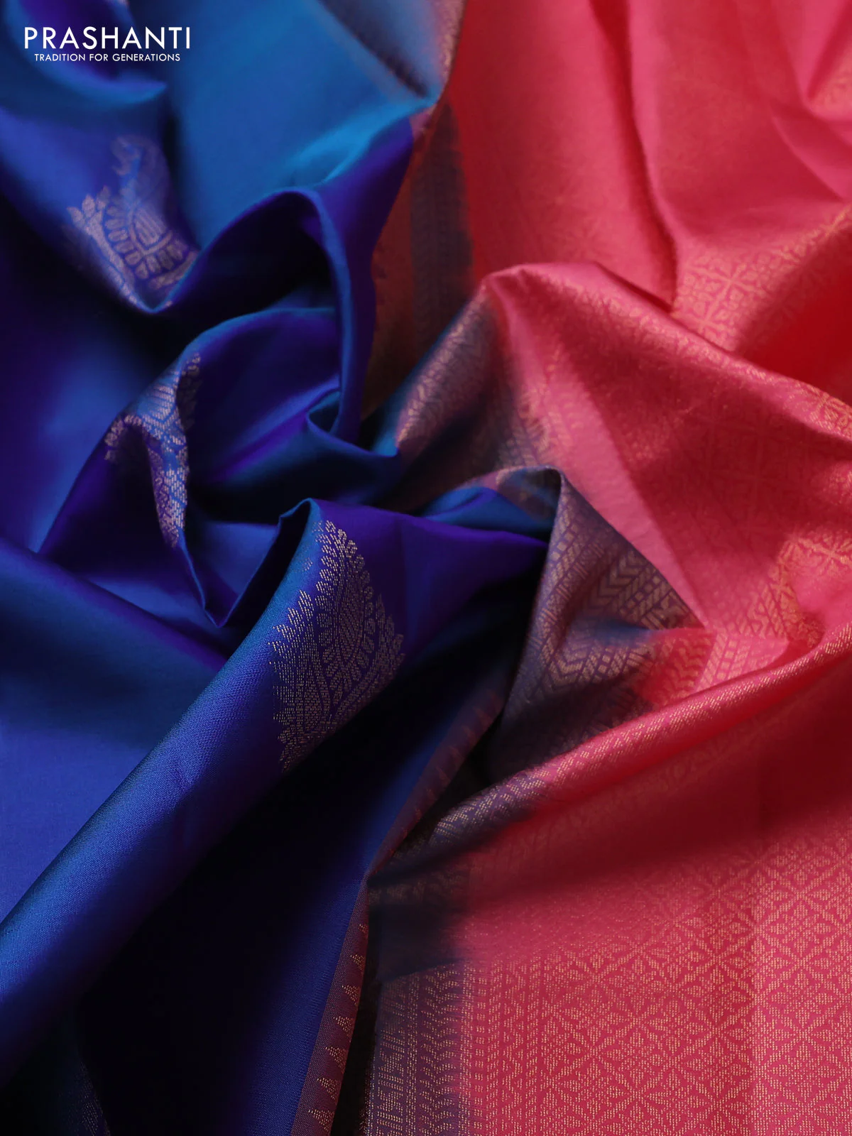 Pure kanchipuram silk saree cs blue and peach pink with zari woven paisley buttas and zari woven border - Image 3