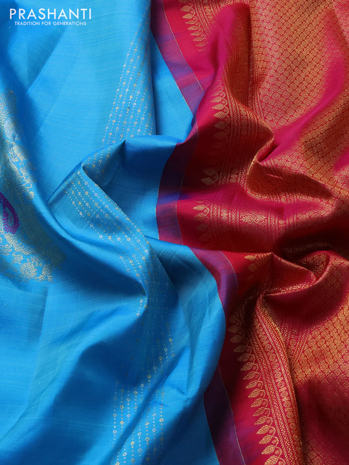 Pure kanchipuram silk saree cs blue and pink with allover zari weaves & buttas in borderless style - Image 3