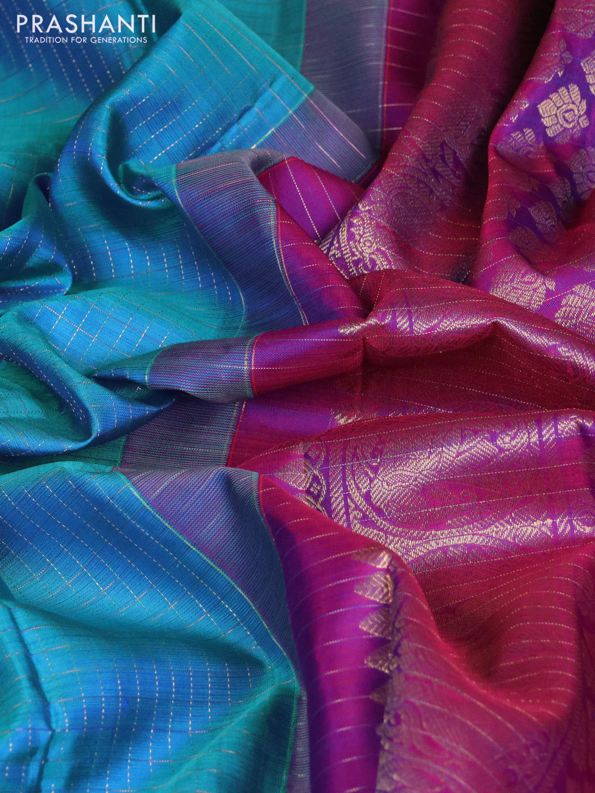 Pure kanchipuram silk saree cs blue and purple with allover zari woven checked pattern and zari woven butta border - Image 3