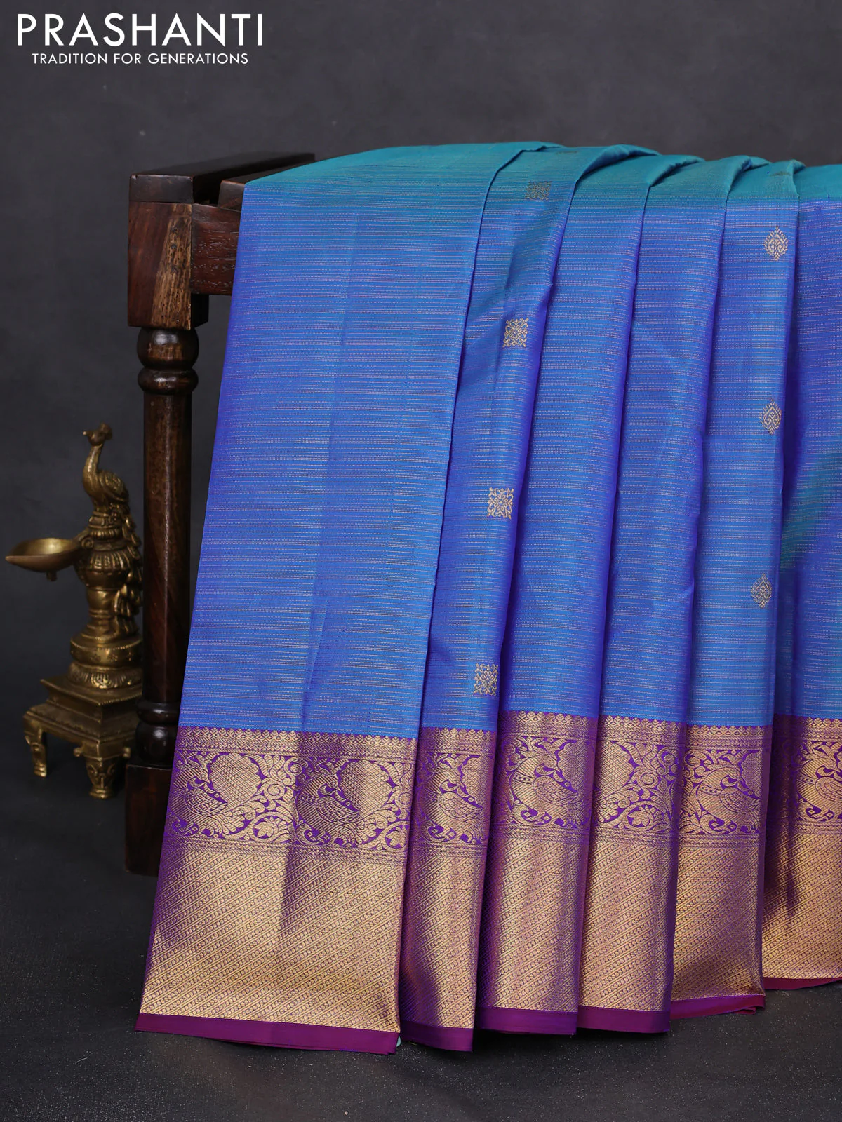 Pure kanchipuram silk saree cs blue and purple with allover zari woven vairaosi pattern & buttas and zari woven border - Image 2