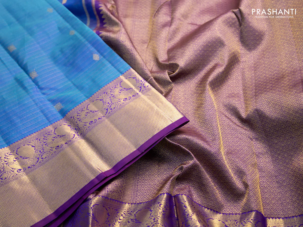 Pure kanchipuram silk saree cs blue and purple with allover zari woven vairaosi pattern & buttas and zari woven border - Image 4