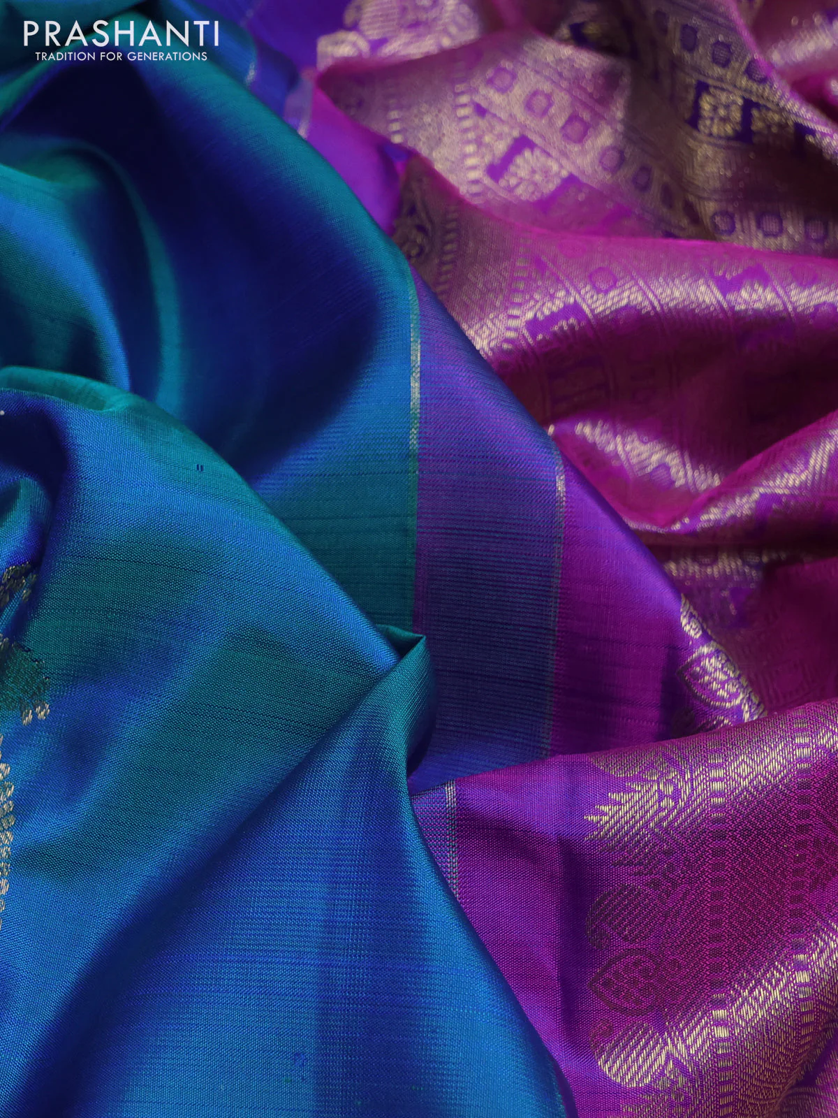 Pure kanchipuram silk saree cs blue and purple with zari woven buttas and rich zari woven border - Image 3