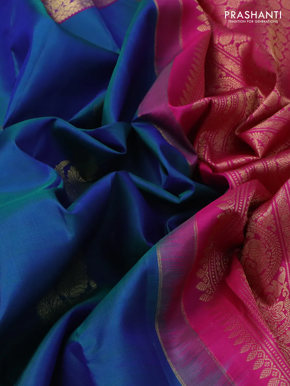 Pure kanchipuram silk saree cs blue and purple with zari woven buttas and zari woven border - Image 3