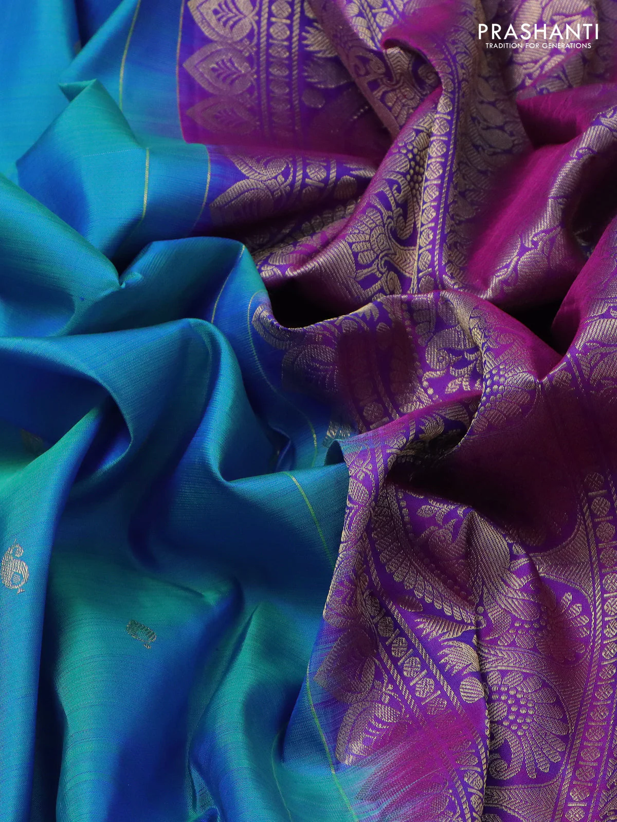 Pure kanchipuram silk saree cs blue and purple with zari woven buttas and zari woven border - Image 3