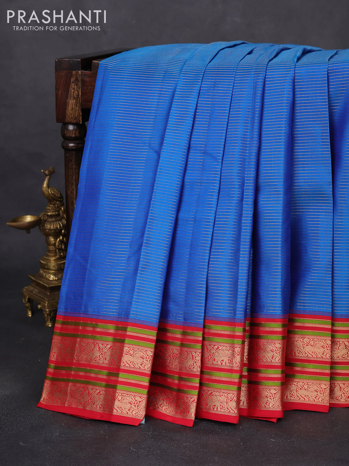 Pure kanchipuram silk saree cs blue and red with allover zari woven stripes pattern and zari woven border