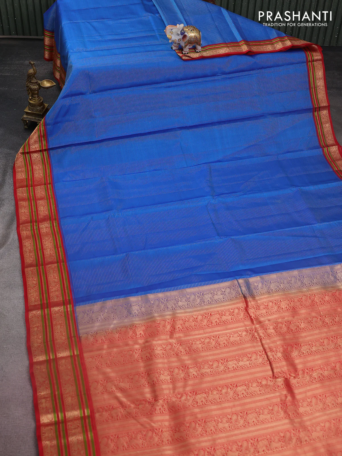 Pure kanchipuram silk saree cs blue and red with allover zari woven stripes pattern and zari woven border - Image 2