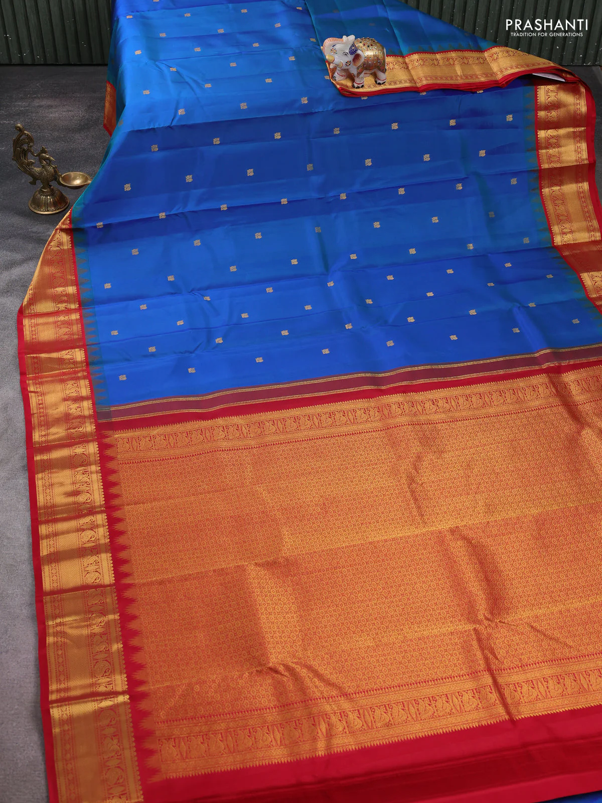 Pure kanchipuram silk saree cs blue and red with annam zari woven buttas and temple design zari woven border - Image 2