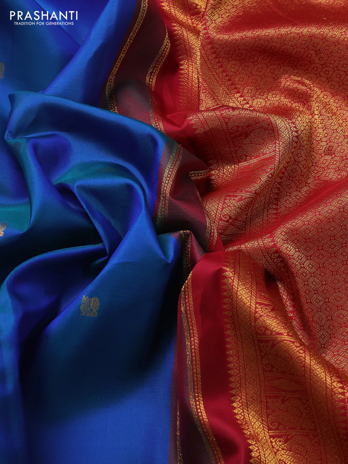 Pure kanchipuram silk saree cs blue and red with annam zari woven buttas and temple design zari woven border - Image 3