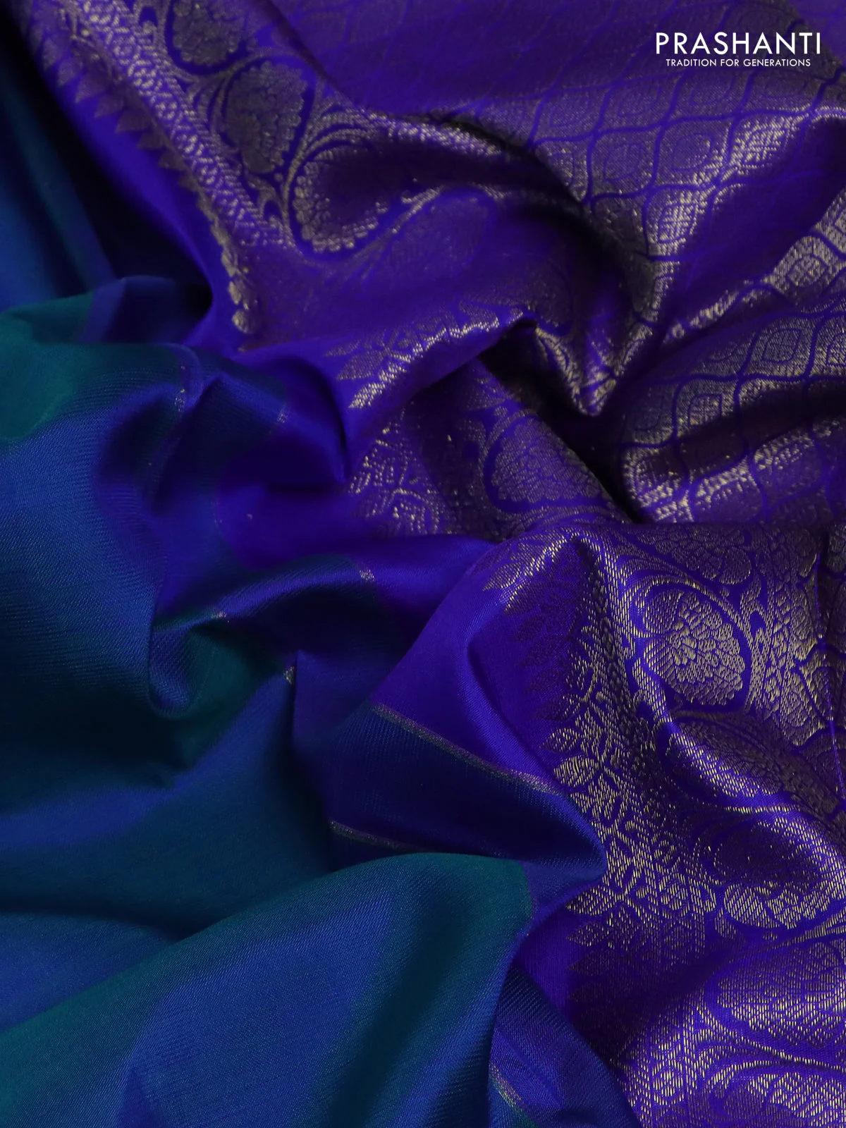 Pure kanchipuram silk saree cs blue and royal blue with zari woven buttas and zari woven border - Image 3