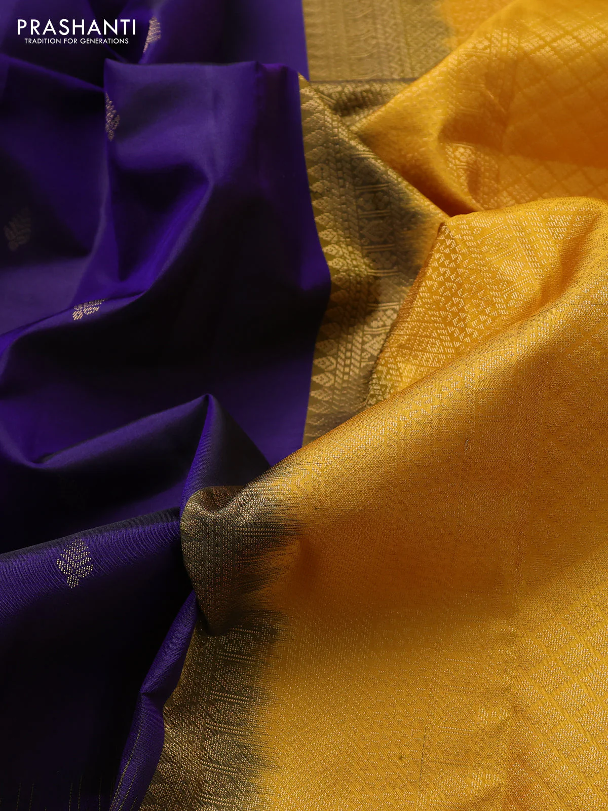 Pure kanchipuram silk saree dark blue and mango yellow with zari woven buttas and zari woven butta border - Image 3