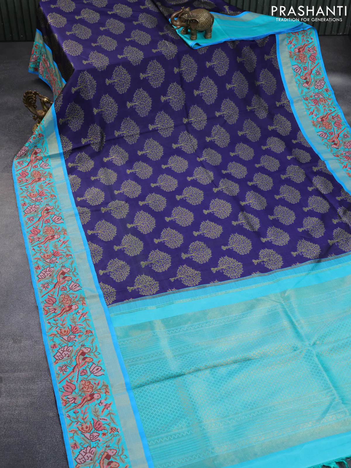 Pure kanchipuram silk saree dark blue and teal blue with thread woven buttas and zari woven embroidery work border - Image 2