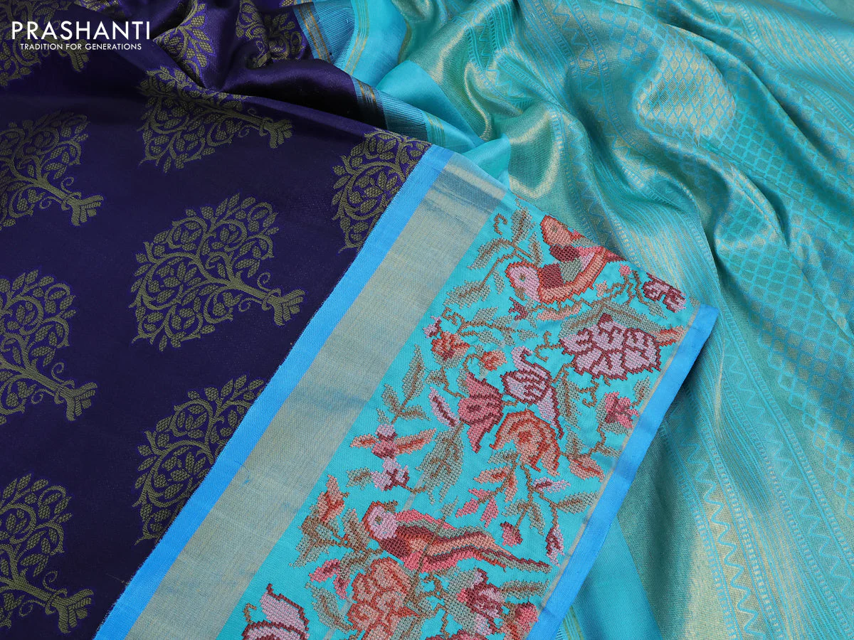 Pure kanchipuram silk saree dark blue and teal blue with thread woven buttas and zari woven embroidery work border - Image 3