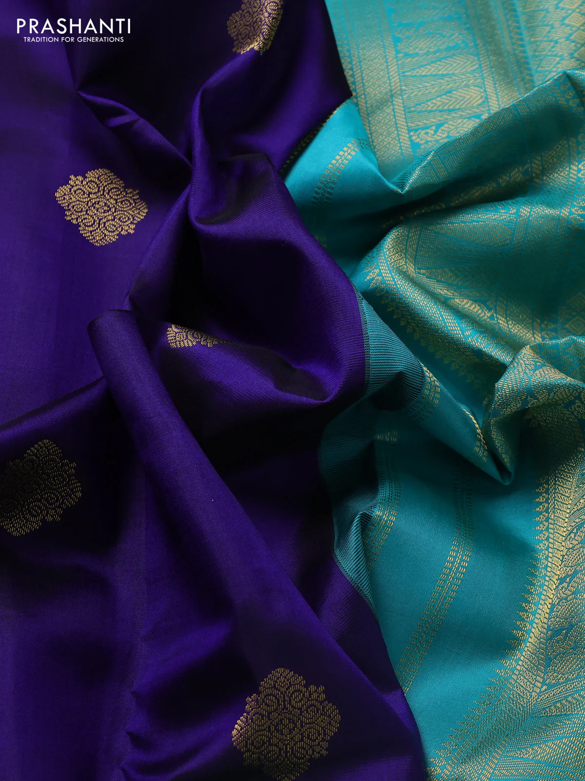 Pure kanchipuram silk saree dark blue and teal green with zari woven buttas and long zari woven korvai border - Image 3