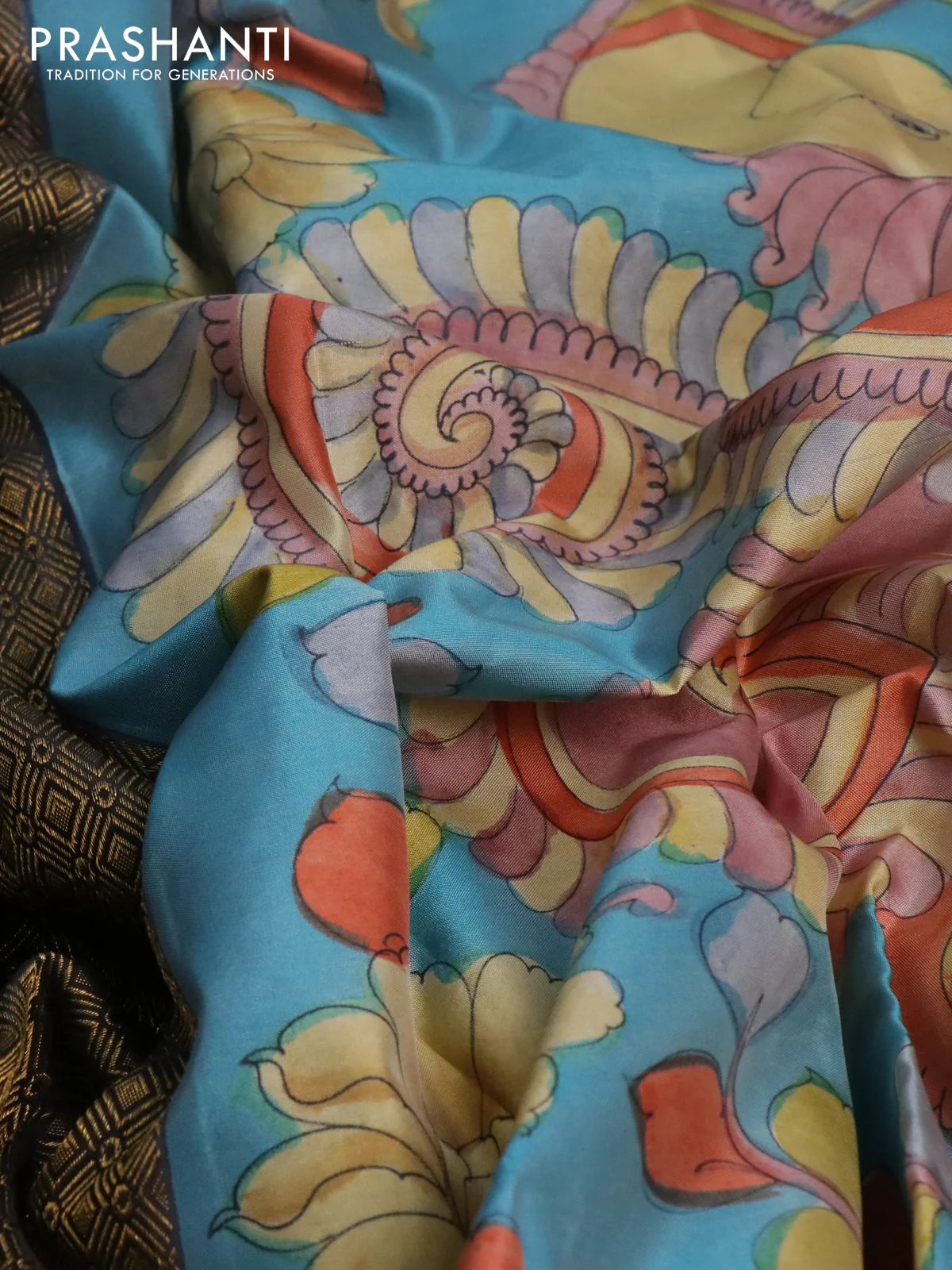 Pure kanchipuram silk saree dark elephant grey and blue with allover zari woven geometric brocade weaves and kalamkari printed pallu & border - Image 3