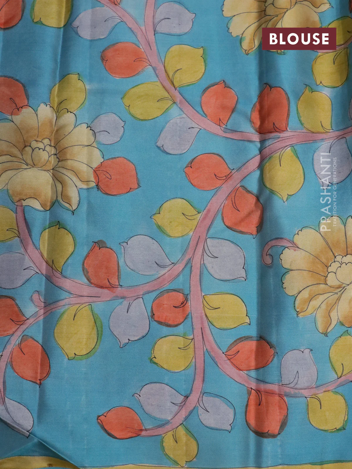 Pure kanchipuram silk saree dark elephant grey and blue with allover zari woven geometric brocade weaves and kalamkari printed pallu & border - Image 4