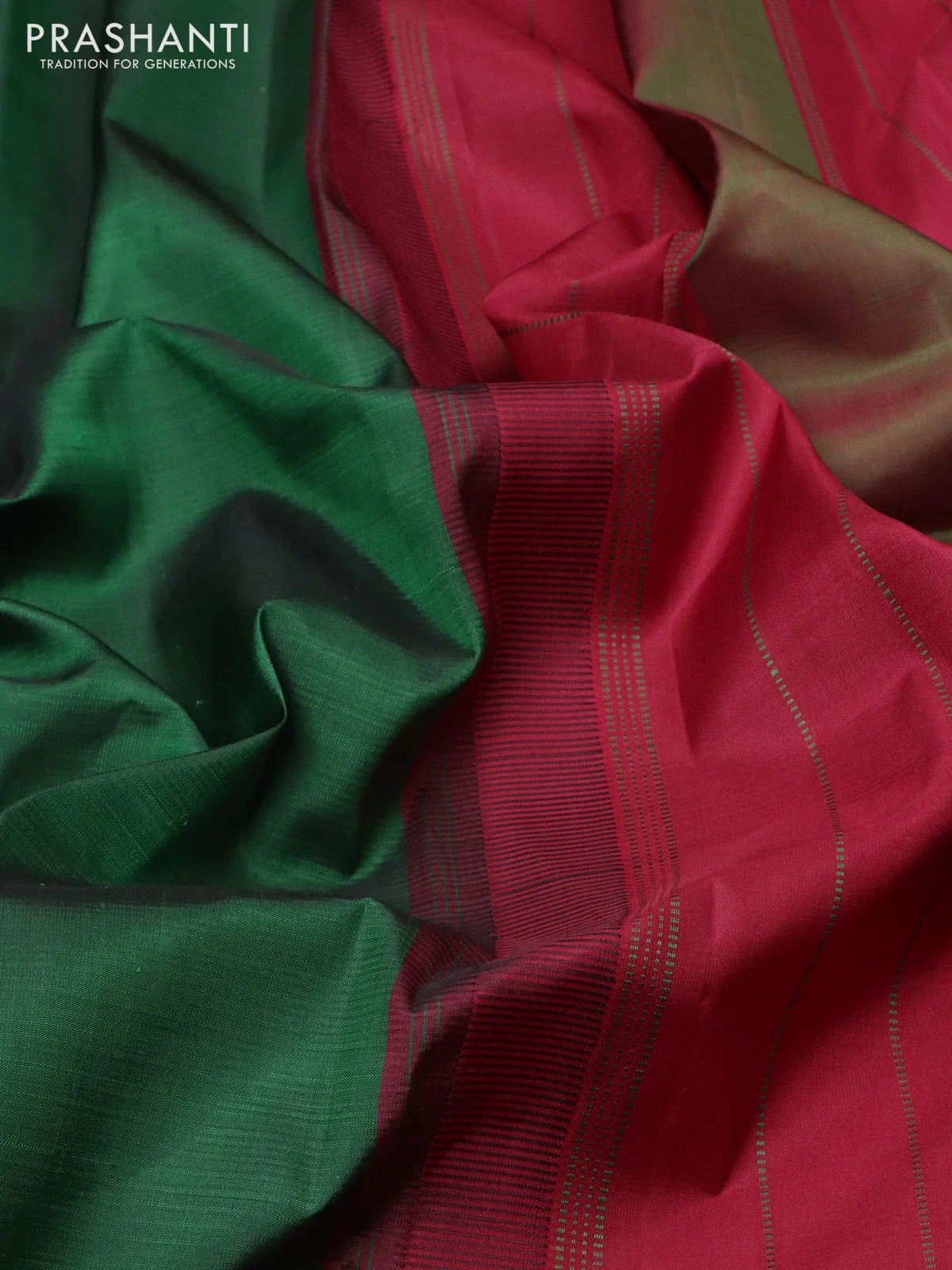 Pure kanchipuram silk saree dark green and maroon with plain body and temple design rettapet border - Image 3