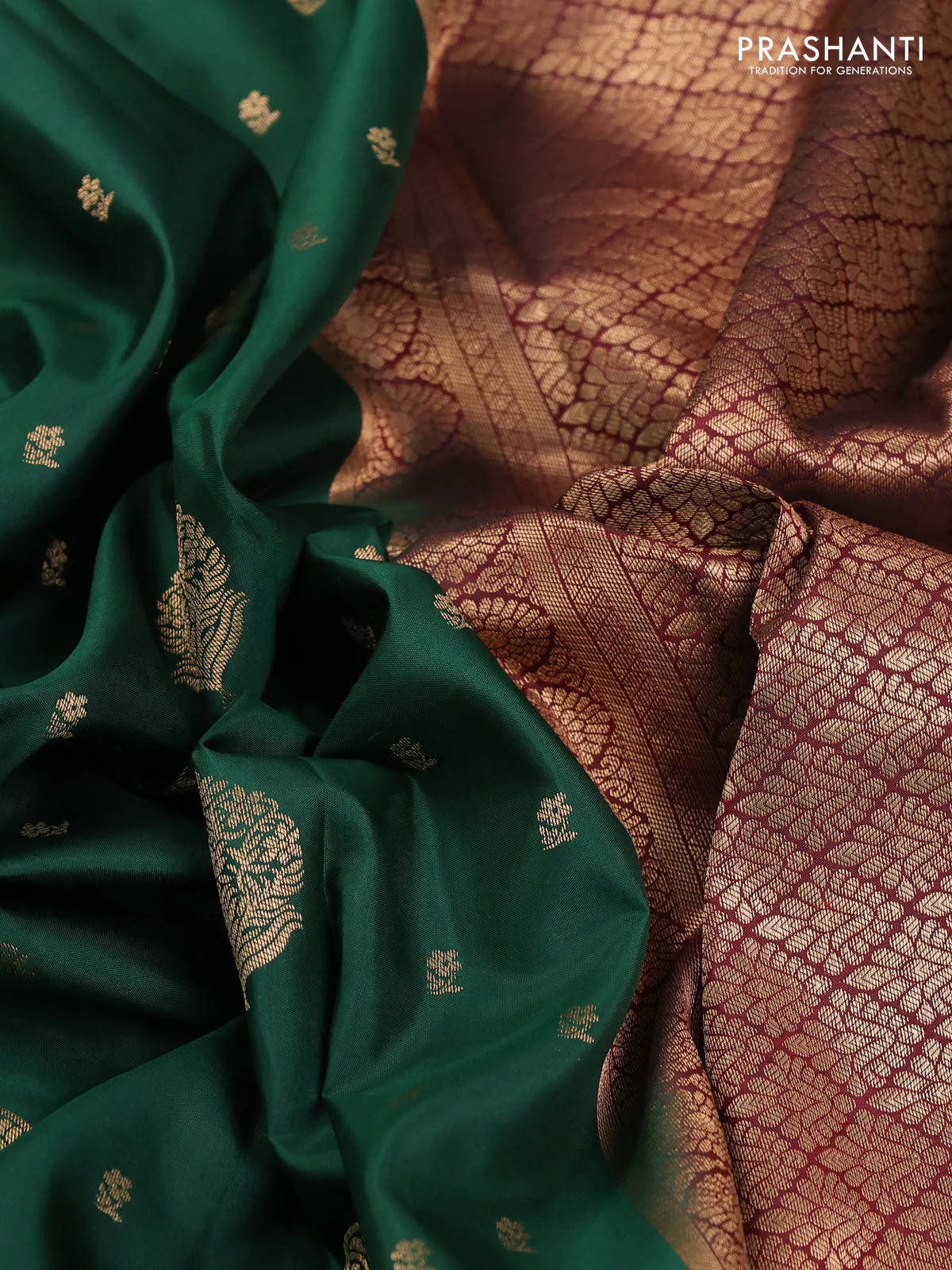 Pure kanchipuram silk saree dark green and maroon with zari woven buttas and long zari woven border - Image 3