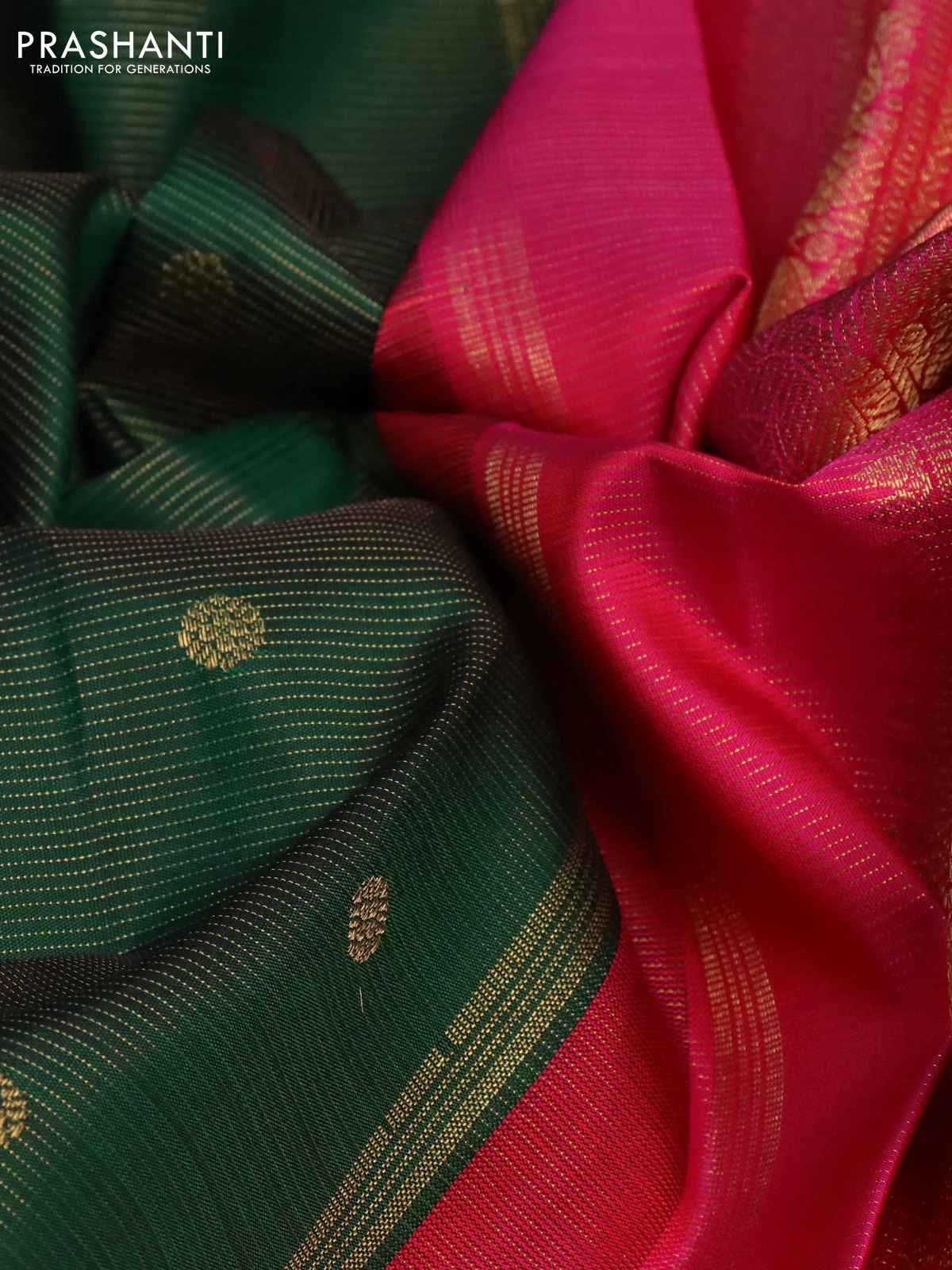 Pure kanchipuram silk saree dark green and pink with allover zari weaves & buttas and rettapet zari woven korvai border - Image 4