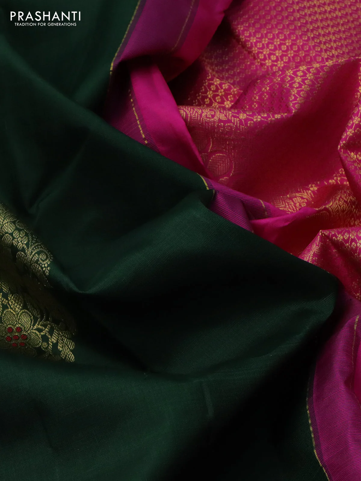 Pure kanchipuram silk saree dark green and pink with paisley zari woven buttas in borderless style - Image 3