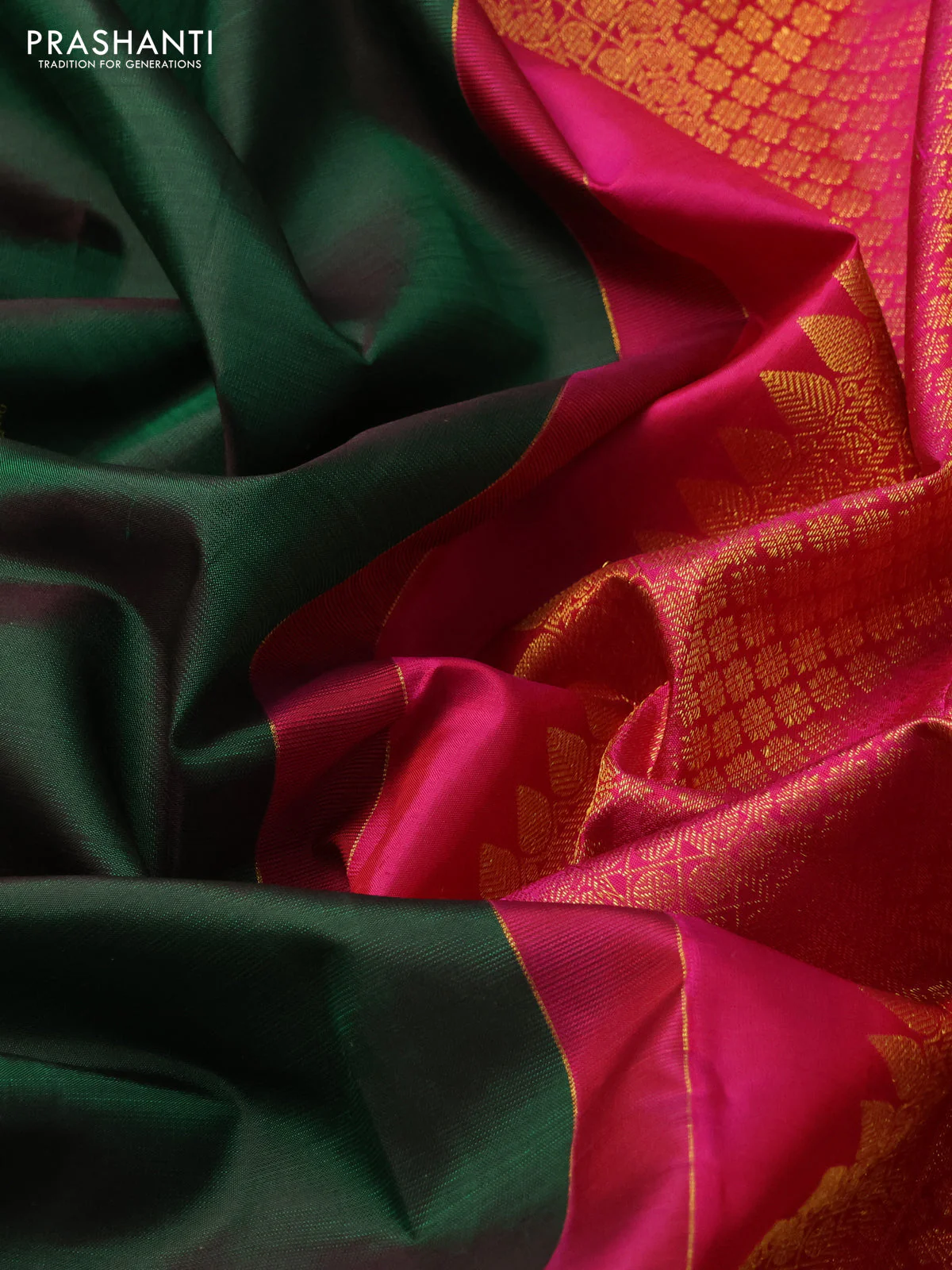 Pure kanchipuram silk saree dark green and pink with paisley zari woven buttas in borderless style - Image 3