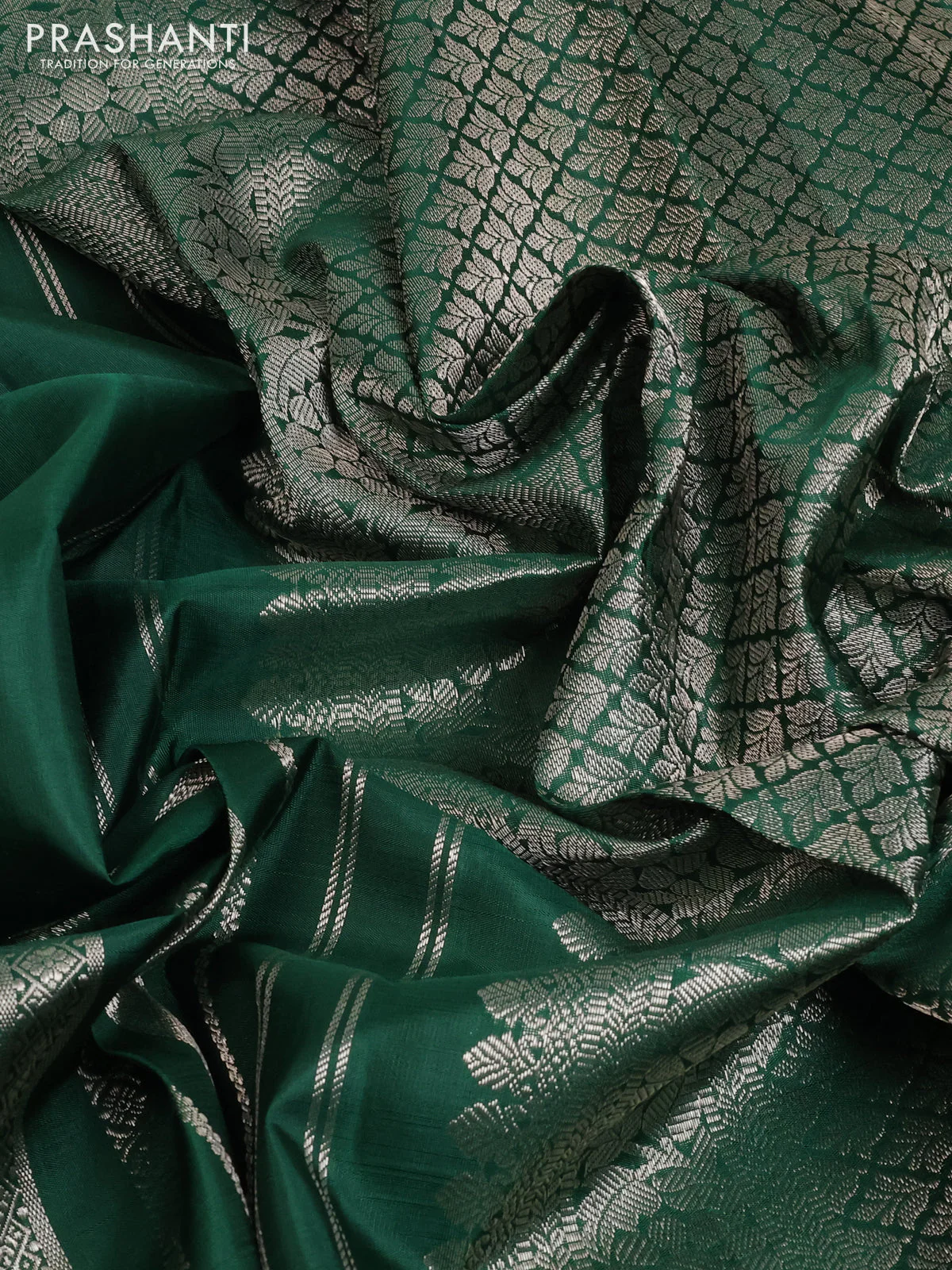 Pure kanchipuram silk saree dark green with allover silver zari weaves in borderless style - Image 3