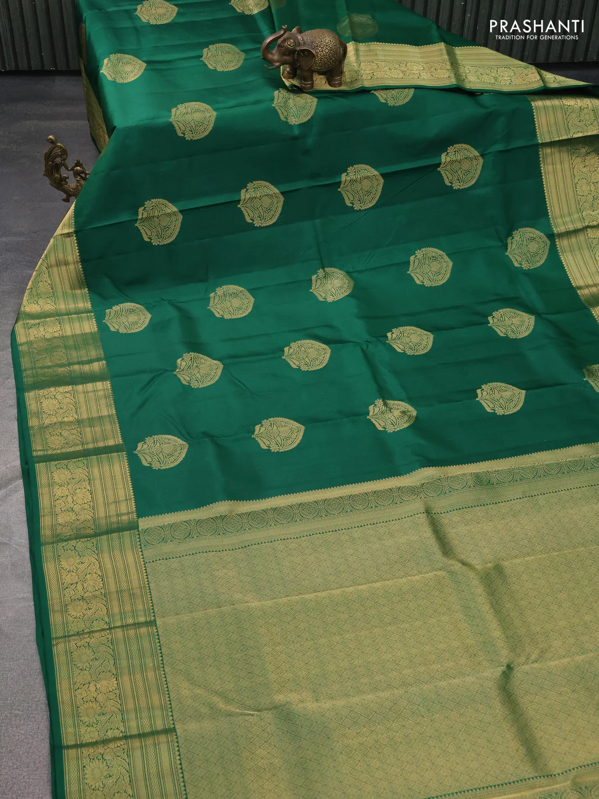 Pure kanchipuram silk saree dark green with zari woven buttas and rich zari woven border - Image 2