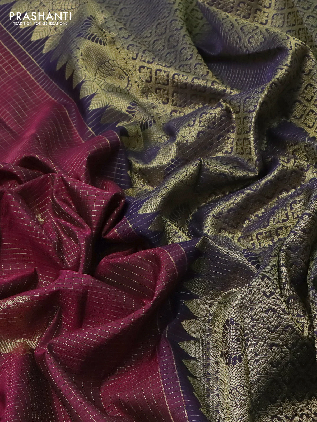 Pure kanchipuram silk saree dark magenta pink and navy blue with allover zari checks & annam buttas and zari woven border - Image 3