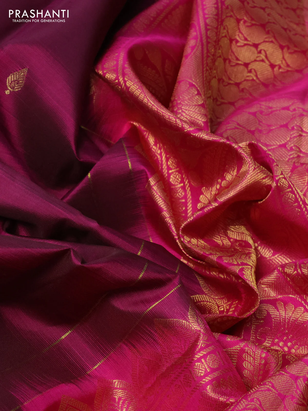 Pure kanchipuram silk saree dark magenta pink and pink with zari woven buttas and rich zari woven border - Image 3