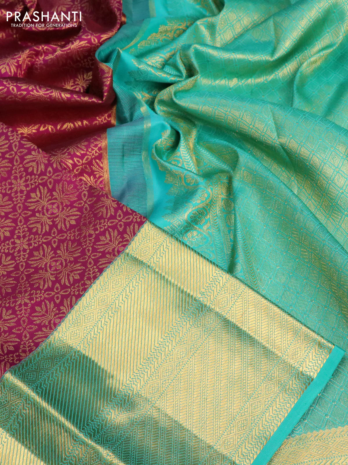 Pure kanchipuram silk saree dark magenta pink and teal green shade with allover zari woven brocade weaves and long rich zari woven border - Image 3