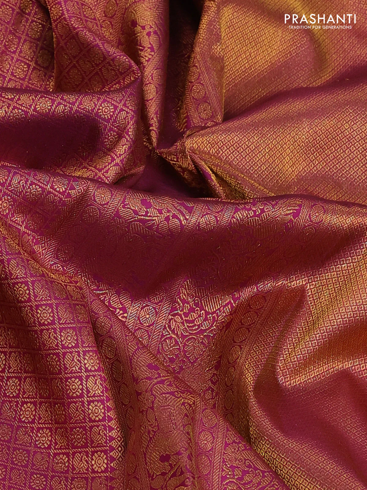 Pure kanchipuram silk saree dark magenta pink with allover zari woven brocade weaves and long zari woven border - Image 3
