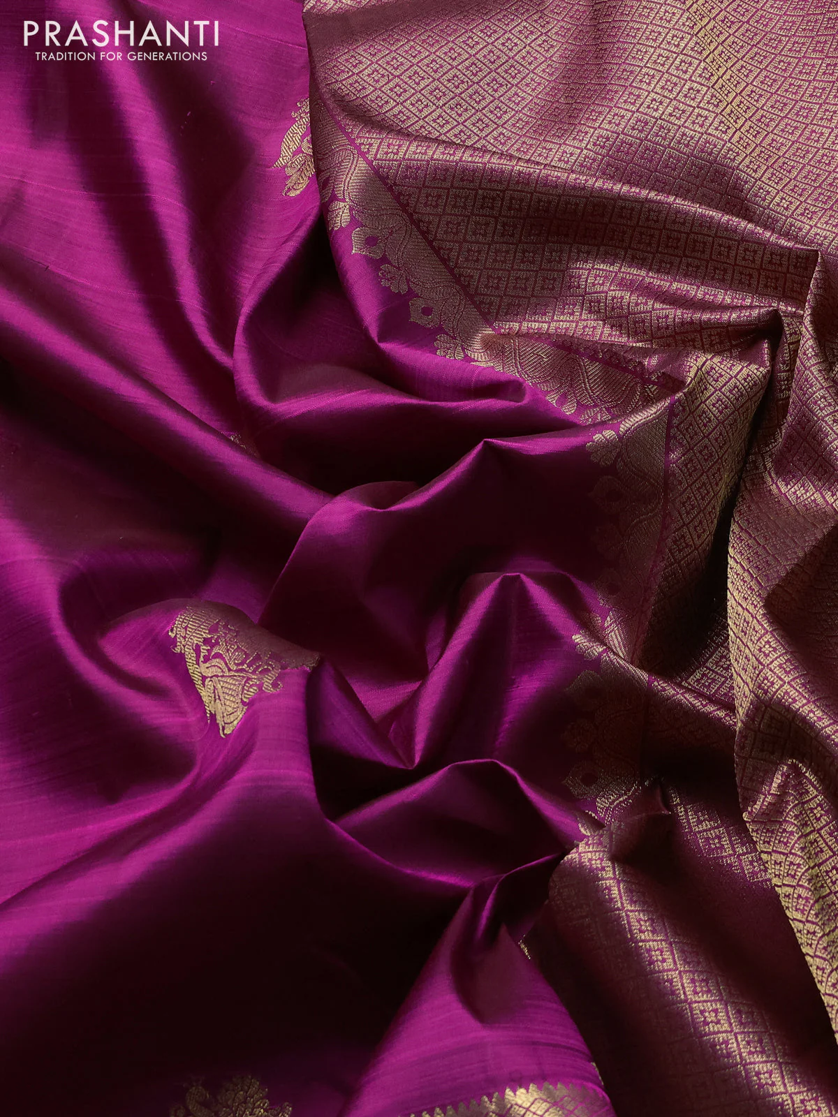 Pure kanchipuram silk saree dark magenta pink with peacock zari woven buttas and rich zari woven border - Image 3