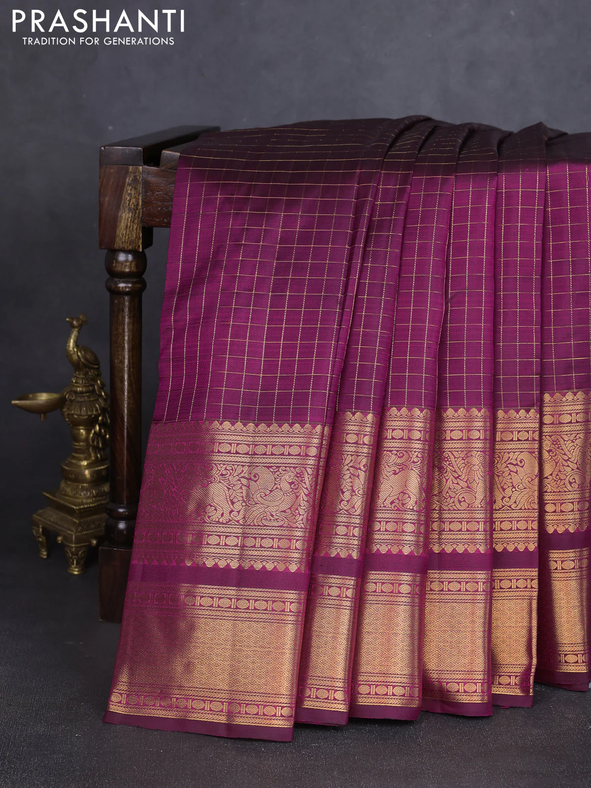 Pure kanchipuram silk saree dark magenta with allover zari checked pattern and long zari woven border