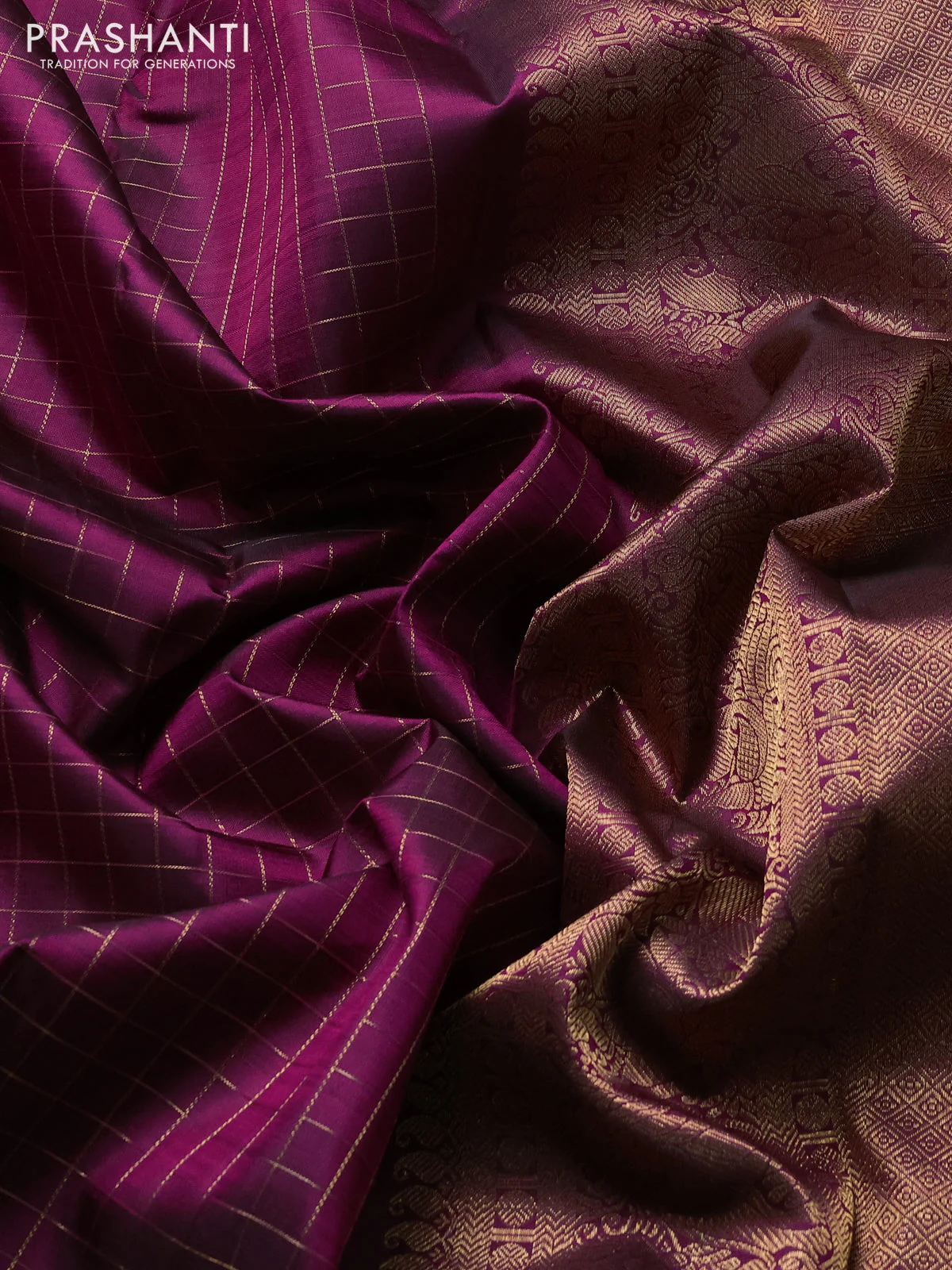 Pure kanchipuram silk saree dark magenta with allover zari checked pattern and long zari woven border - Image 3